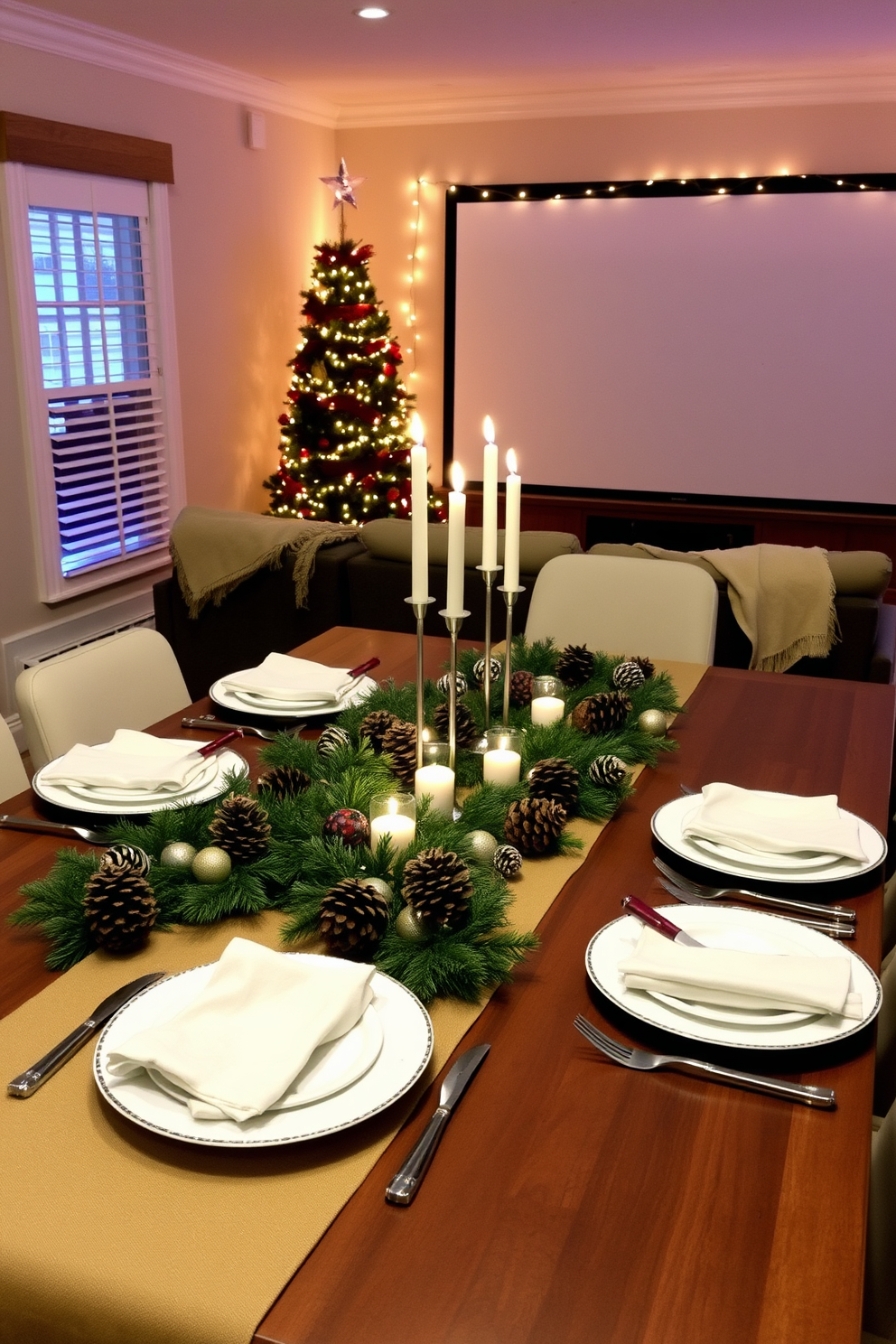 A festive table runner adorned with pinecones stretches across a beautifully set dining table. The runner is complemented by elegant dinnerware and twinkling candles, creating a warm and inviting atmosphere. The home theater is transformed into a cozy Christmas retreat with plush seating draped in soft blankets. String lights are hung around the screen, and a decorated tree stands in the corner, enhancing the festive spirit.