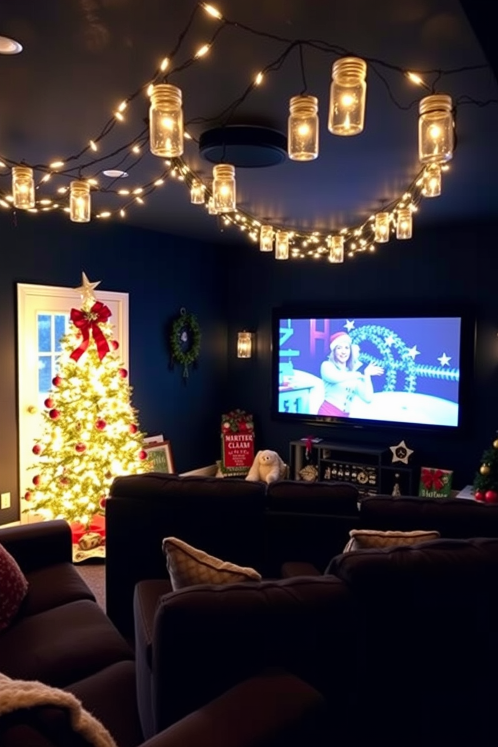 A cozy home theater adorned with string lights in glass jars creates a festive atmosphere. The walls are painted a deep navy blue, and plush seating is arranged for optimal viewing comfort. Christmas decorations fill the space with warmth and cheer. A beautifully decorated tree stands in the corner, surrounded by twinkling lights and colorful ornaments.