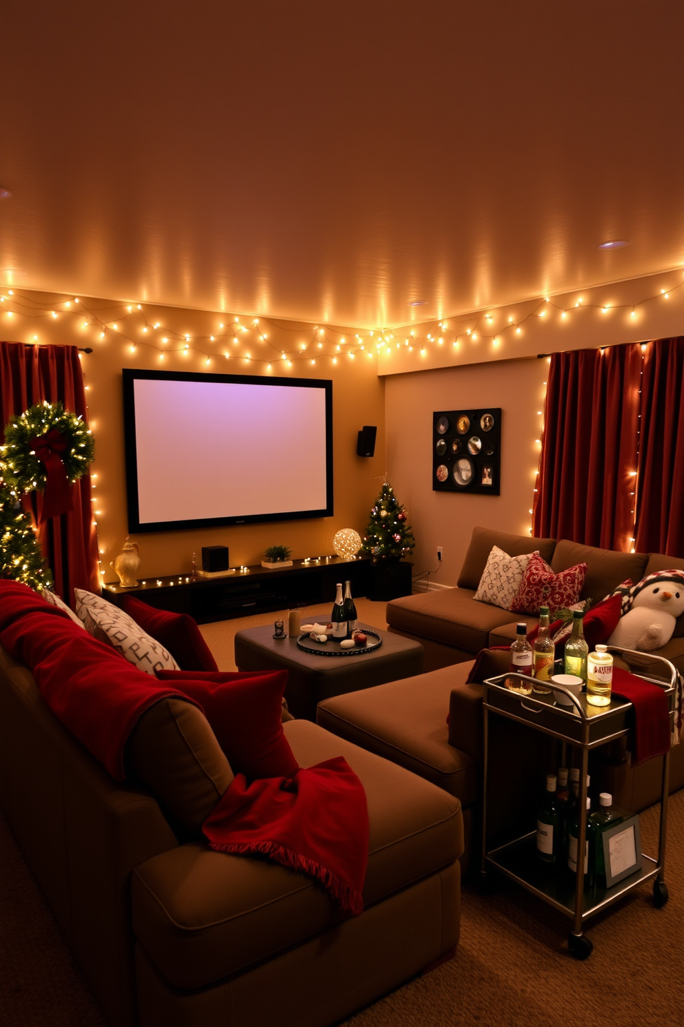 A cozy home theater setup perfect for holiday gatherings. The room features a large sectional sofa adorned with festive throw blankets and pillows. A screen is mounted on the wall, surrounded by twinkling fairy lights to create a warm ambiance. A small bar cart in the corner holds a selection of holiday drinks and snacks for guests to enjoy.