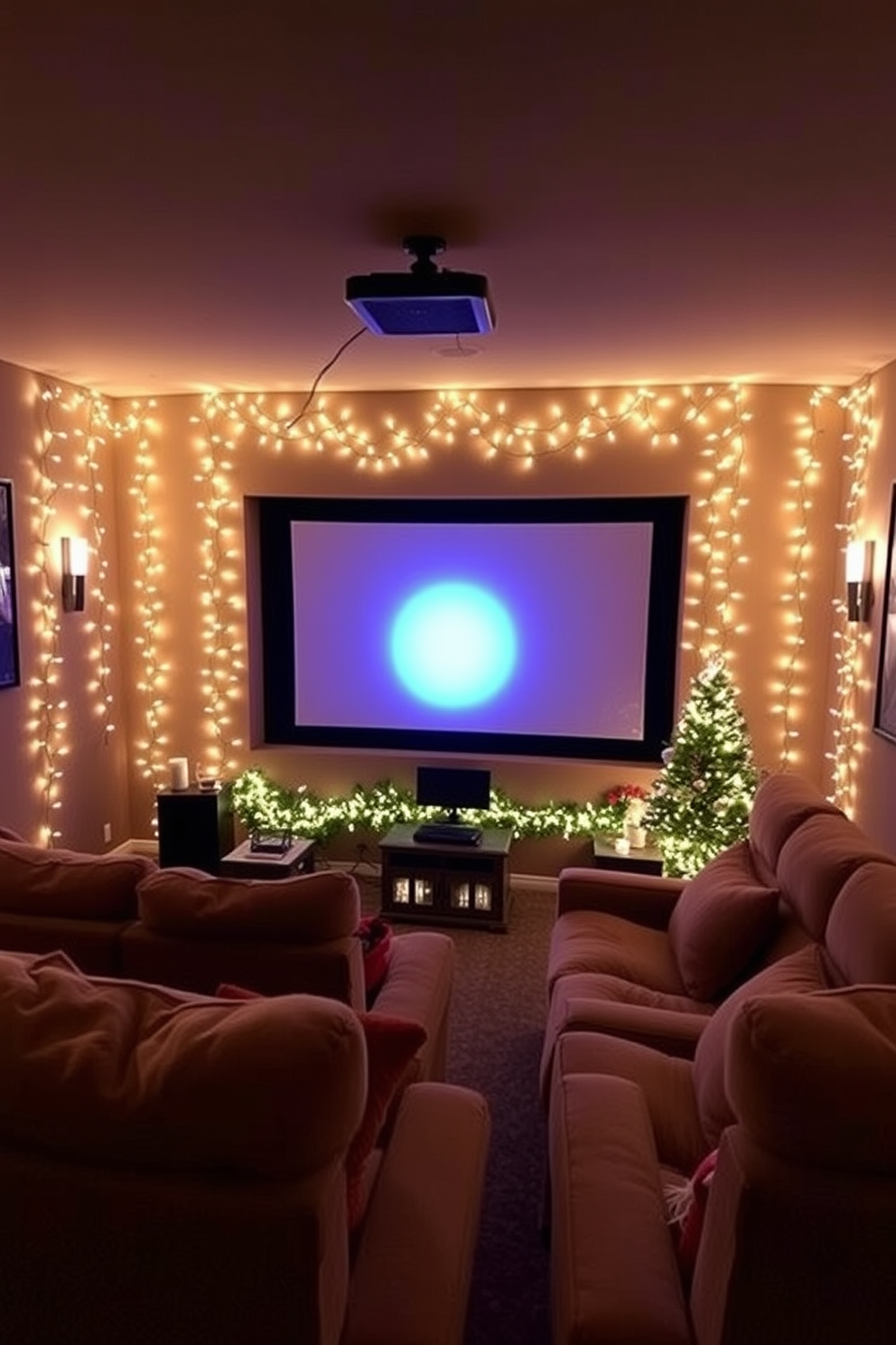 A festive popcorn bar is set up with a variety of colorful popcorn flavors displayed in clear glass jars. Surrounding the bar are holiday treats including gingerbread cookies and candy canes, creating a cheerful and inviting atmosphere. The home theater is decorated for Christmas with twinkling string lights draped across the ceiling and a large Christmas tree in the corner. Plush blankets and festive pillows are arranged on the seating, adding comfort and warmth to the holiday movie experience.