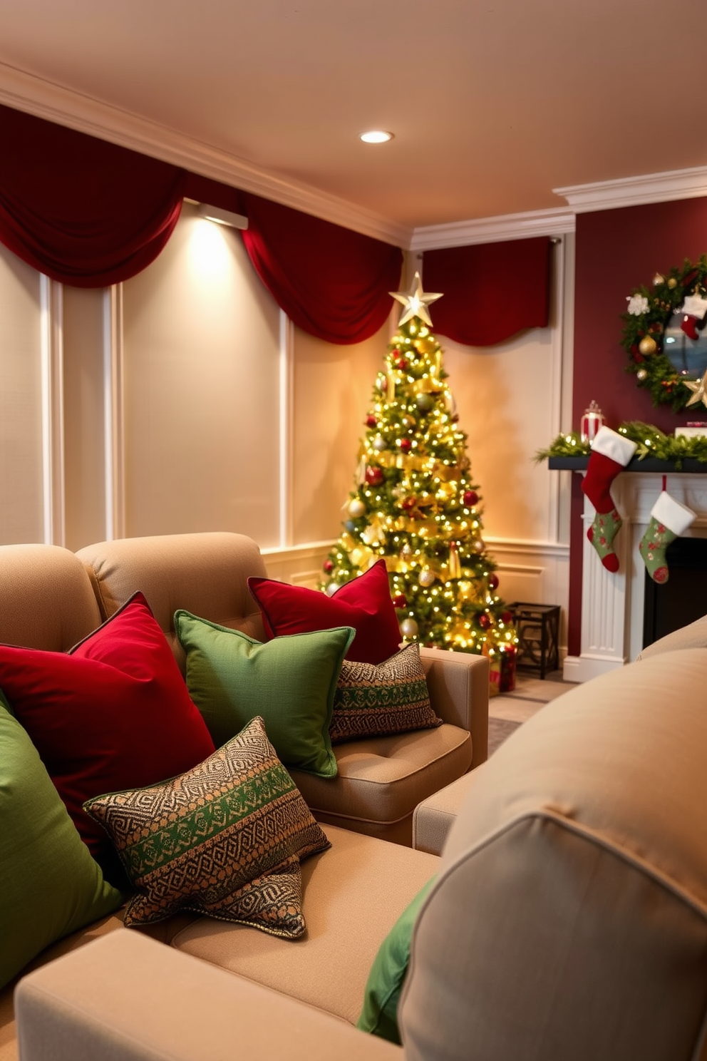 A cozy home theater adorned with twinkling fairy lights that wrap around the screen, creating a magical ambiance. Plush seating is arranged for comfort, with soft blankets draped over the armrests, inviting relaxation during movie nights. Christmas decorations add a festive touch, featuring a beautifully adorned tree in the corner, twinkling with lights and colorful ornaments. Stockings hang from a stylish mantle, while garlands of greenery are draped across the room, enhancing the holiday spirit.