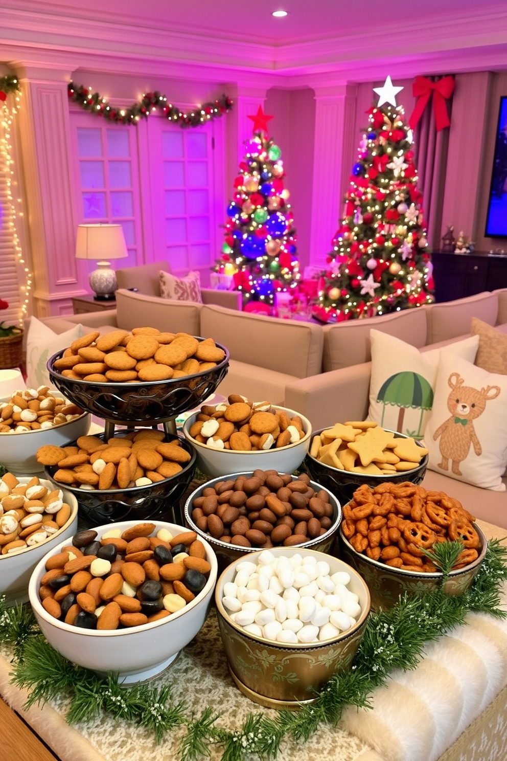 Create a cozy display of seasonal snacks arranged in decorative bowls. Include a variety of colorful treats such as gingerbread cookies, spiced nuts, and chocolate-covered pretzels. Design a luxurious home theater with plush seating and ambient lighting. Incorporate festive Christmas decorations like twinkling lights, a beautifully adorned tree, and themed throw pillows for a warm holiday atmosphere.