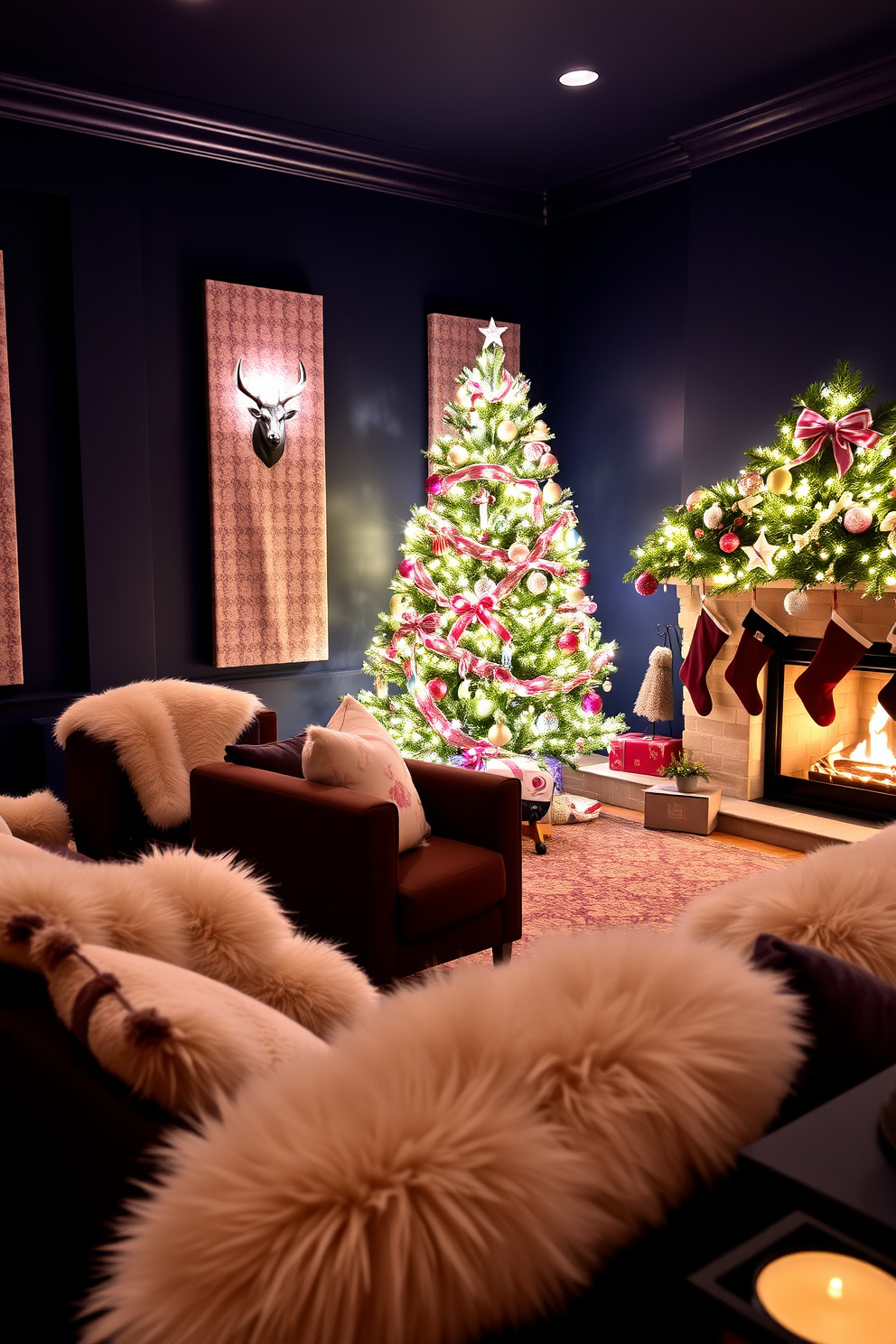 A festive rug with a vibrant red and green pattern lays across the plush carpet in the home theater. The rug features intricate designs of snowflakes and Christmas trees, adding a cozy touch to the space while complementing the warm lighting from the holiday-themed decorations. Surrounding the rug, plush seating is adorned with soft throw blankets in rich holiday colors. Twinkling string lights are draped across the walls, creating a warm and inviting atmosphere perfect for holiday movie nights.