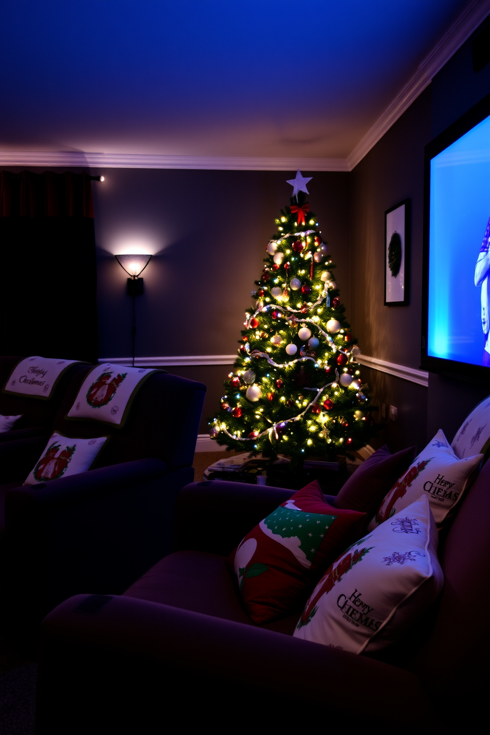 A cozy home theater adorned for the holidays features a tall Christmas tree decorated with movie-themed ornaments. The tree is positioned in the corner, its lights twinkling softly, while plush seating is complemented by festive throw pillows and a warm blanket.