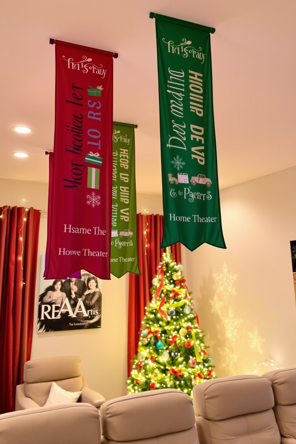 Holiday-themed popcorn containers are arranged neatly on shelves in a cozy home theater. The shelves are adorned with festive decorations, including twinkling lights and garlands, creating a warm and inviting atmosphere.