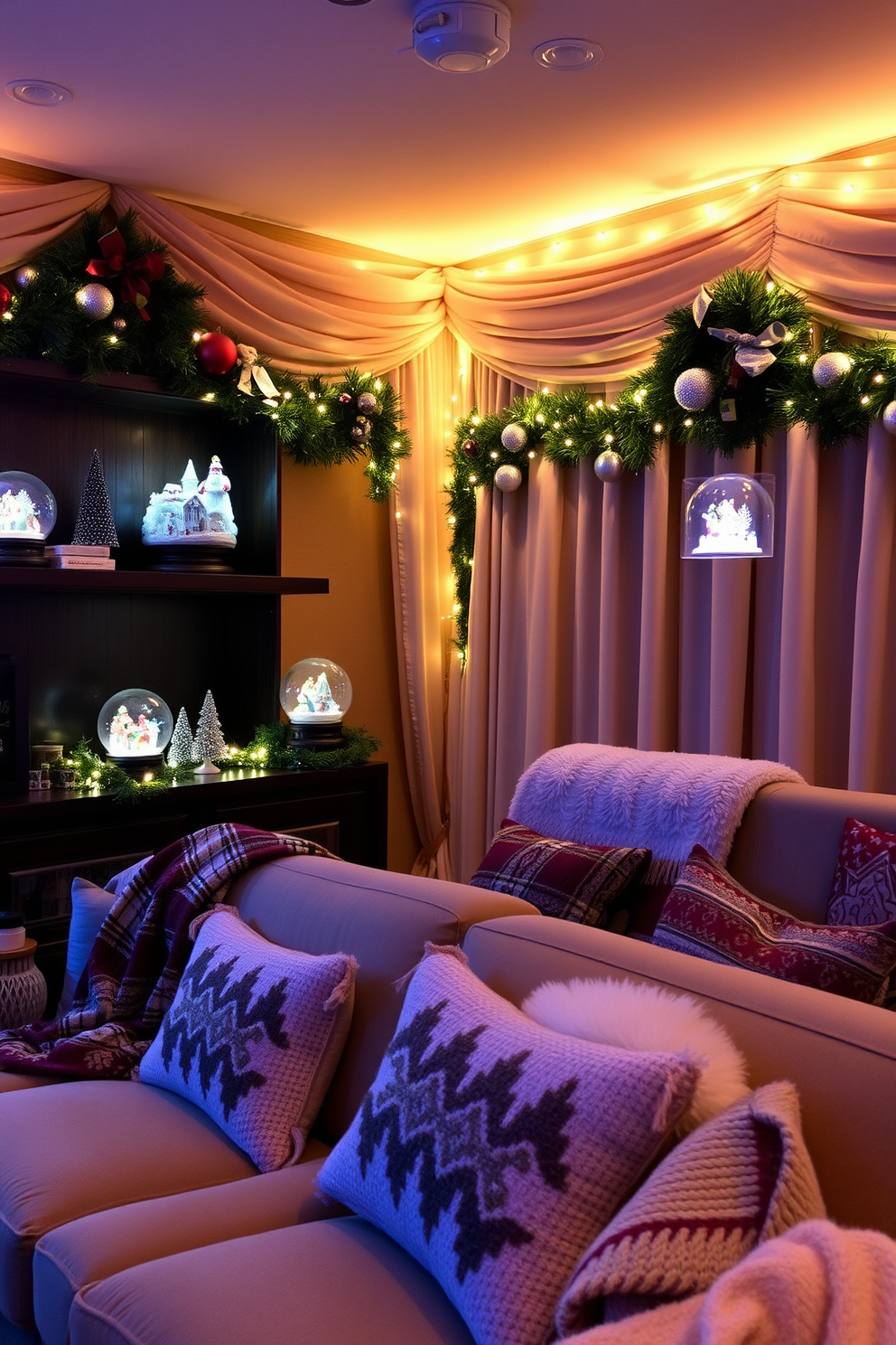 A cozy home theater adorned with festive Christmas decorations. Snow globes filled with winter scenes are placed on the shelves, adding a whimsical touch to the space. The walls are draped with soft, warm lighting to create an inviting atmosphere. Plush seating is arranged for comfort, with festive throw blankets and pillows enhancing the holiday spirit.