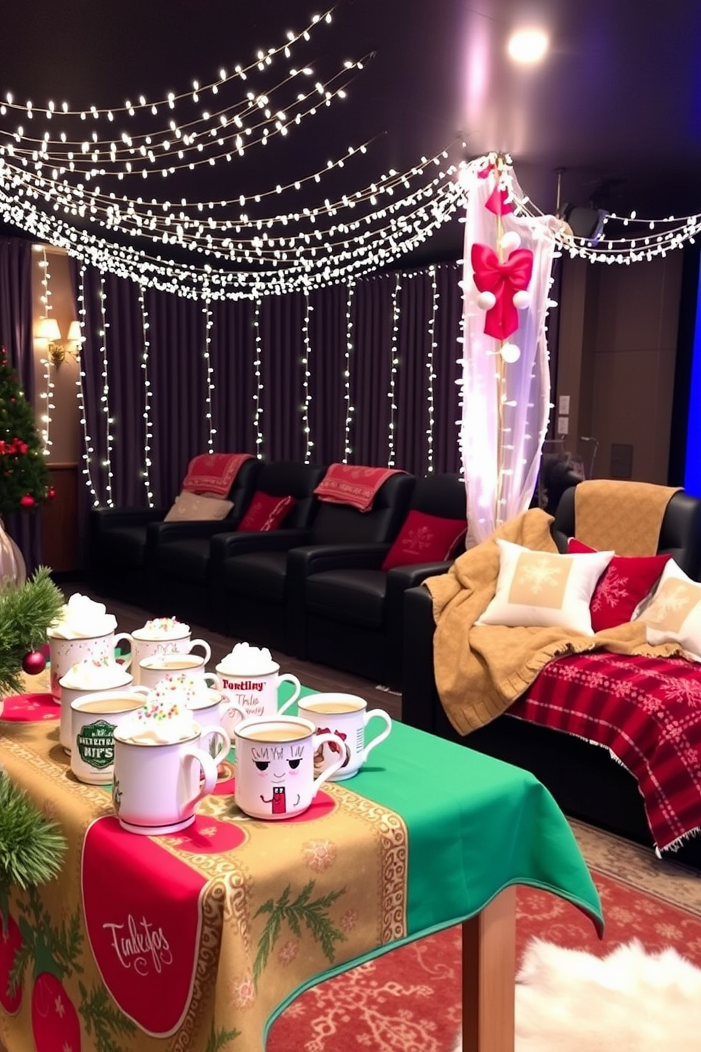 A festive drink station features a beautifully arranged table adorned with a colorful tablecloth. Mugs of various sizes and designs are filled with hot cocoa and garnished with whipped cream and sprinkles. The home theater is transformed into a cozy Christmas retreat with twinkling fairy lights draped across the ceiling. Plush blankets and festive pillows are scattered across the seating, creating an inviting atmosphere for holiday movie nights.