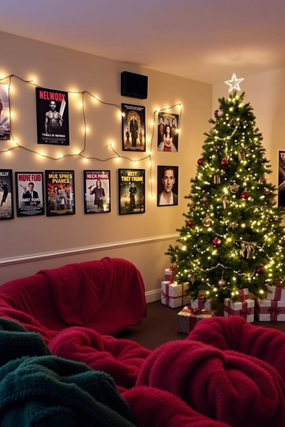 A cozy home theater setting designed for themed movie marathons. The walls are adorned with movie posters and string lights, creating a festive atmosphere. For Christmas, the seating area is decorated with plush red and green throw blankets. A large Christmas tree stands in the corner, surrounded by wrapped gifts and twinkling fairy lights.