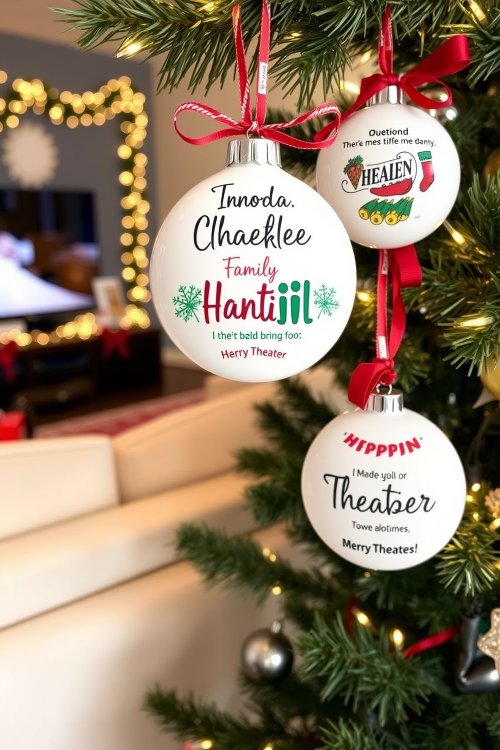 Personalized ornaments for family members. Each ornament features a unique design that reflects the interests and hobbies of the family member it represents. Home Theater Christmas Decorating Ideas. The space is adorned with festive lights and garlands, creating a cozy atmosphere perfect for movie nights during the holiday season.