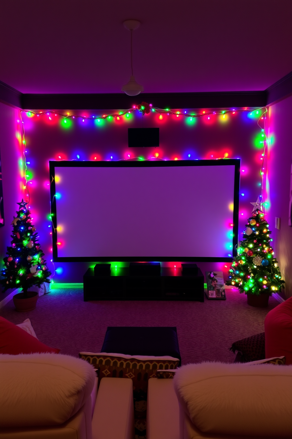 A cozy home theater setting adorned with colorful LED lights illuminating the space behind the screen. Plush seating is arranged for comfort, and festive Christmas decorations add a cheerful touch to the atmosphere.