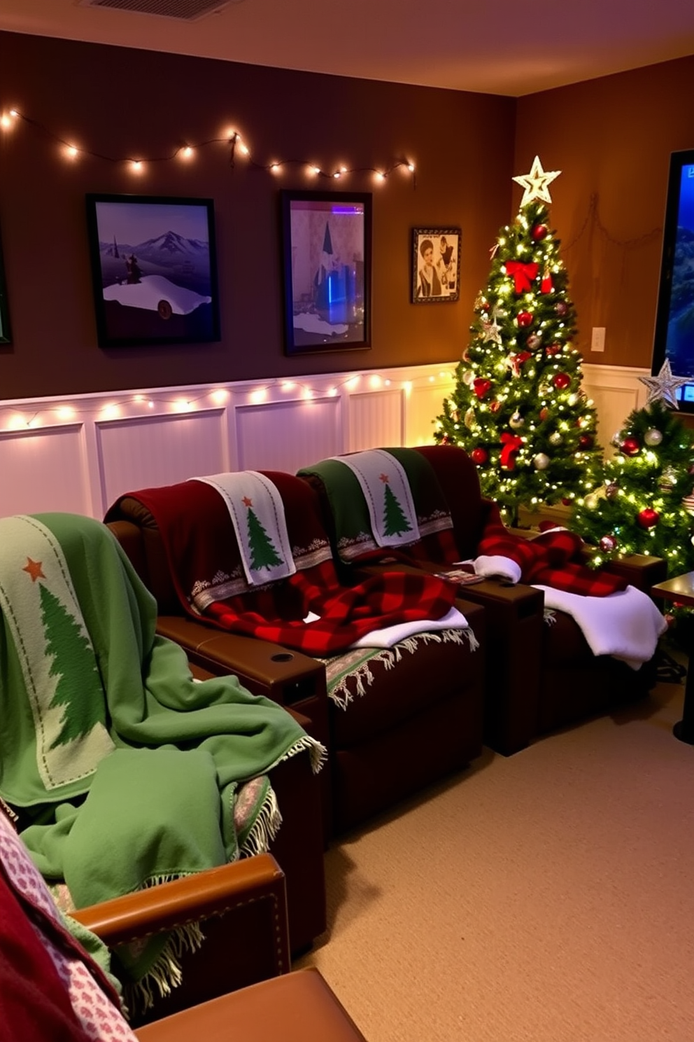 Cozy reading nook with Christmas books. A plush armchair is nestled in the corner, surrounded by a small bookshelf filled with festive holiday stories. Home theater Christmas decorating ideas. The walls are adorned with twinkling string lights, and a large screen is framed by garlands of pine and red ribbons.