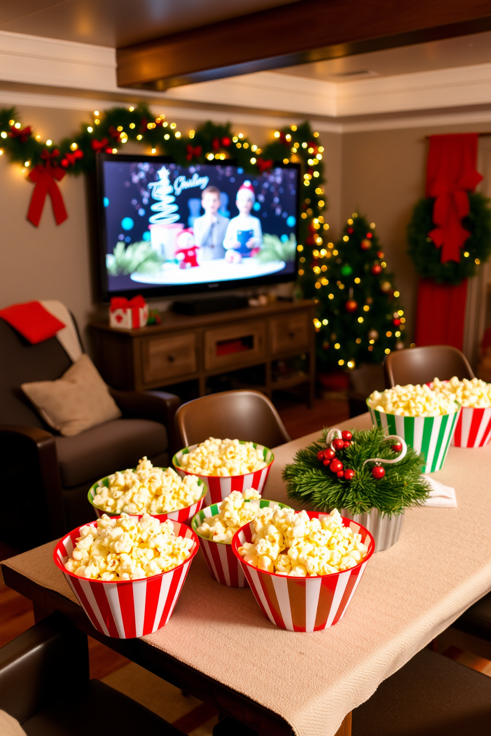 A cozy home theater setting adorned for Christmas. The table is set with vibrant red and green popcorn bowls, surrounded by festive decorations and twinkling lights.