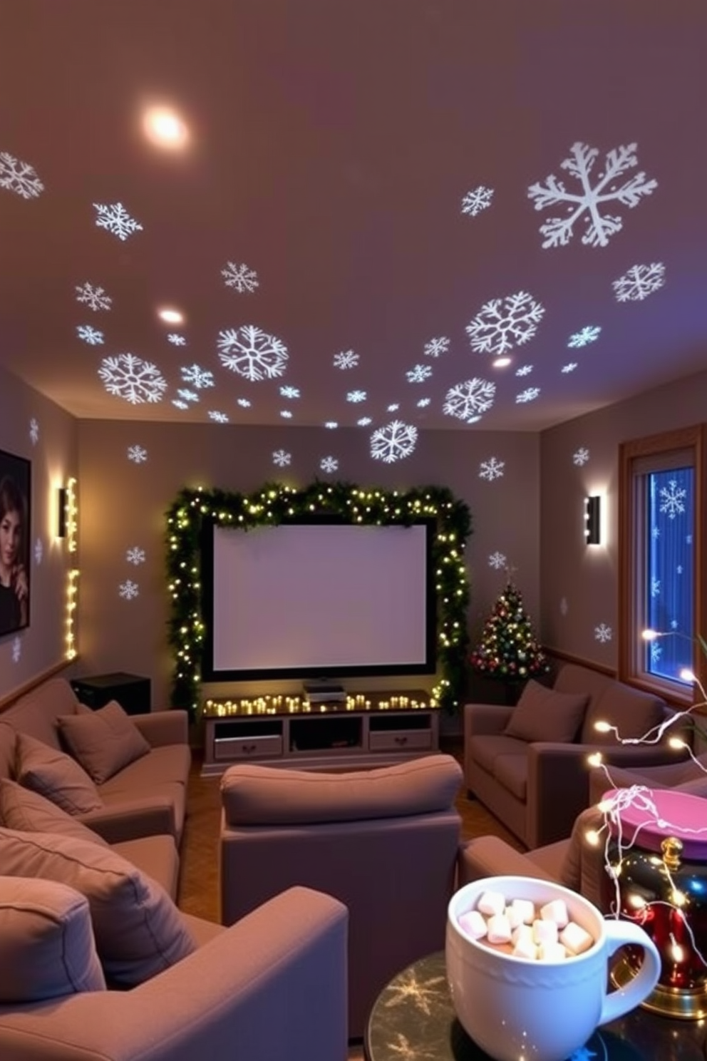 A cozy home theater setting featuring a plush sectional sofa adorned with red and green throw pillows arranged in a vibrant pattern. The walls are painted a deep navy blue, and soft ambient lighting creates a warm atmosphere perfect for movie nights. For Christmas decorating ideas, the room is adorned with festive garlands draped along the mantelpiece and twinkling fairy lights strung across the ceiling. A beautifully decorated Christmas tree stands in the corner, surrounded by wrapped presents and festive decorations.