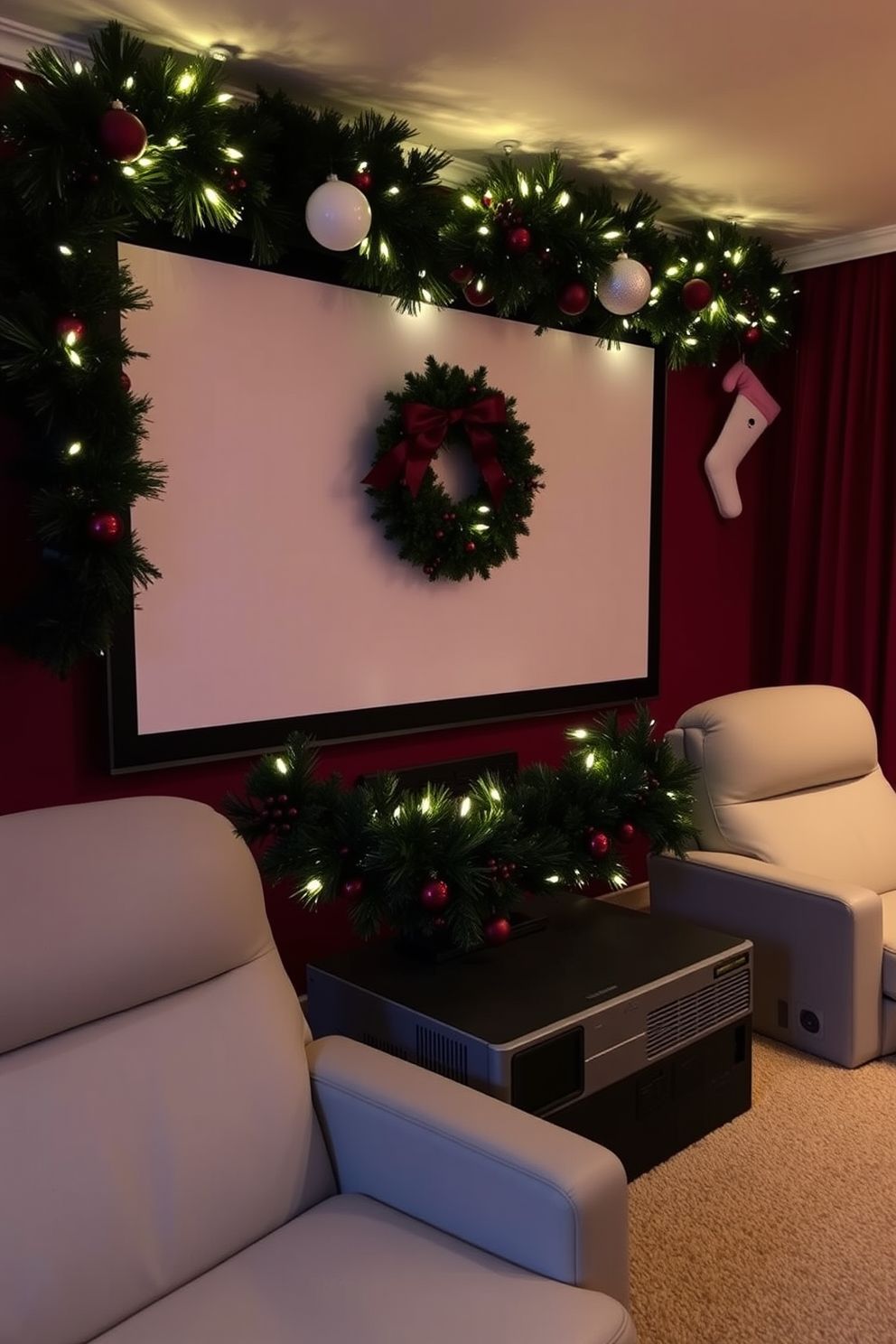 A cozy home theater adorned for the holidays. A festive garland is elegantly draped over the projector, enhancing the warm ambiance of the room.