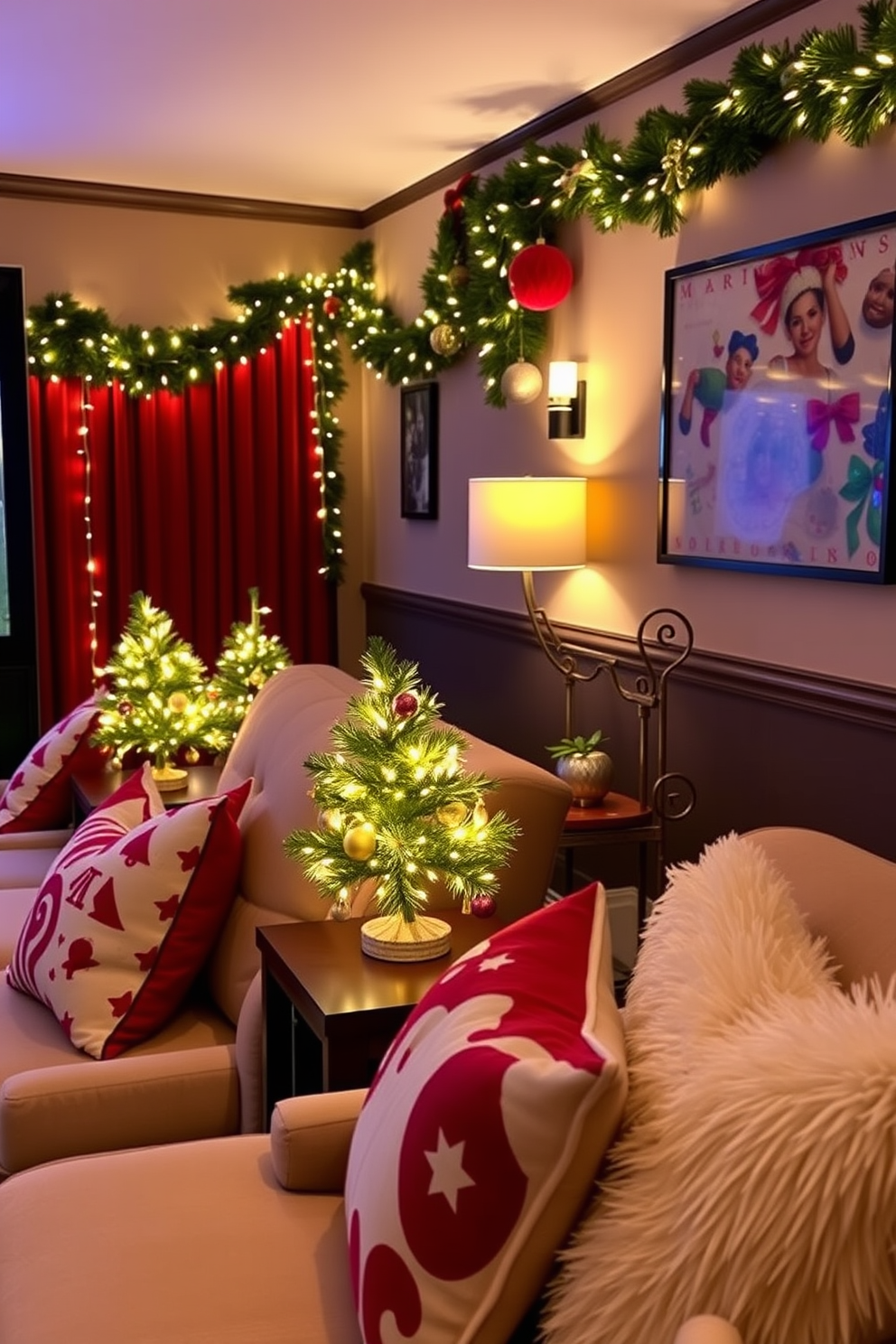 Mini Christmas trees are elegantly placed on each side table, adorned with twinkling fairy lights and colorful ornaments. The warm glow from the lights creates a cozy atmosphere, enhancing the festive spirit of the home theater. The walls are decorated with festive garlands and holiday-themed artwork, adding a cheerful touch to the space. Plush seating is complemented by festive throw pillows, inviting guests to relax and enjoy holiday movie marathons.