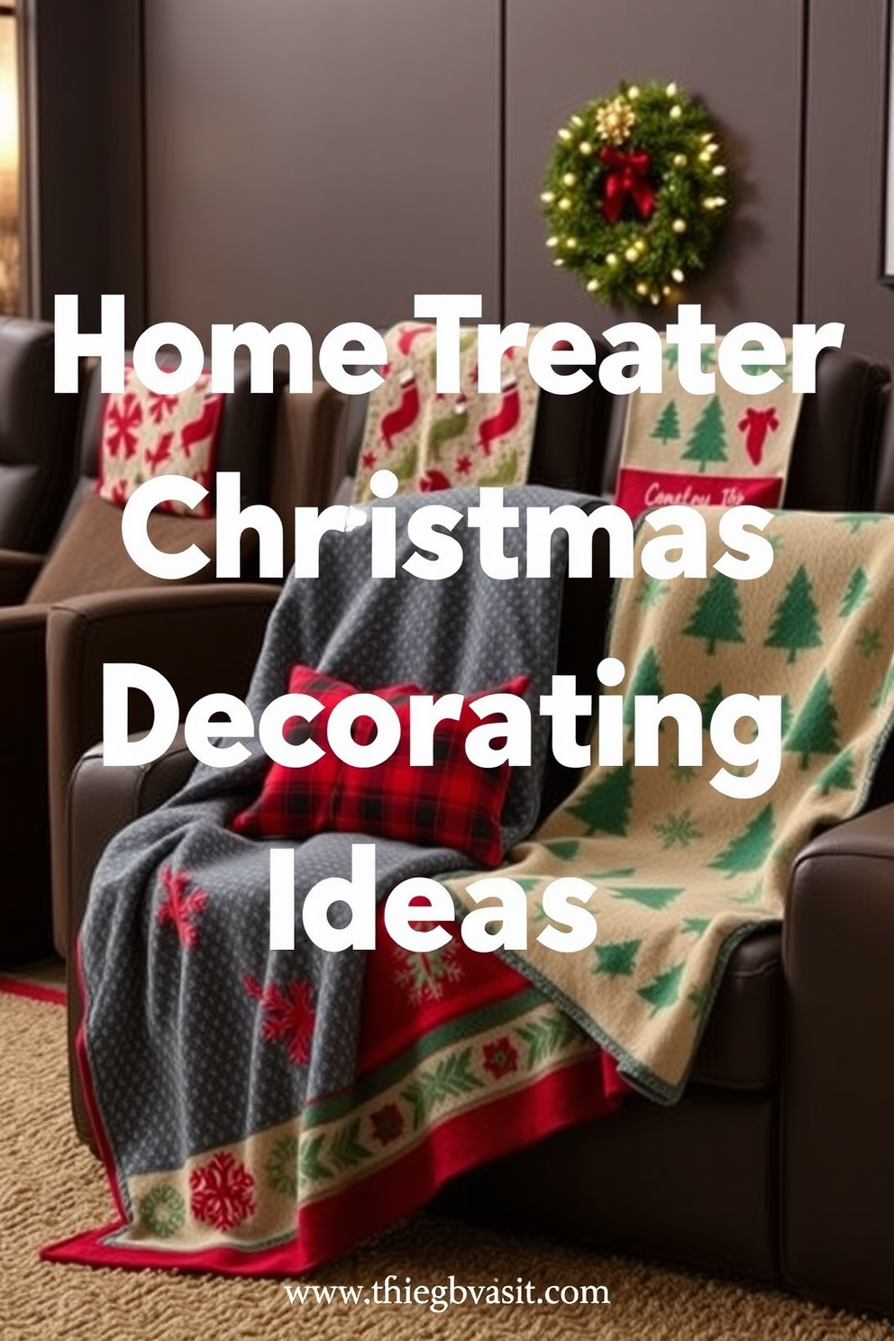 A cozy home theater adorned with festive garland draped elegantly over the projector. The space features plush seating arranged for optimal viewing, with twinkling lights adding a warm ambiance.