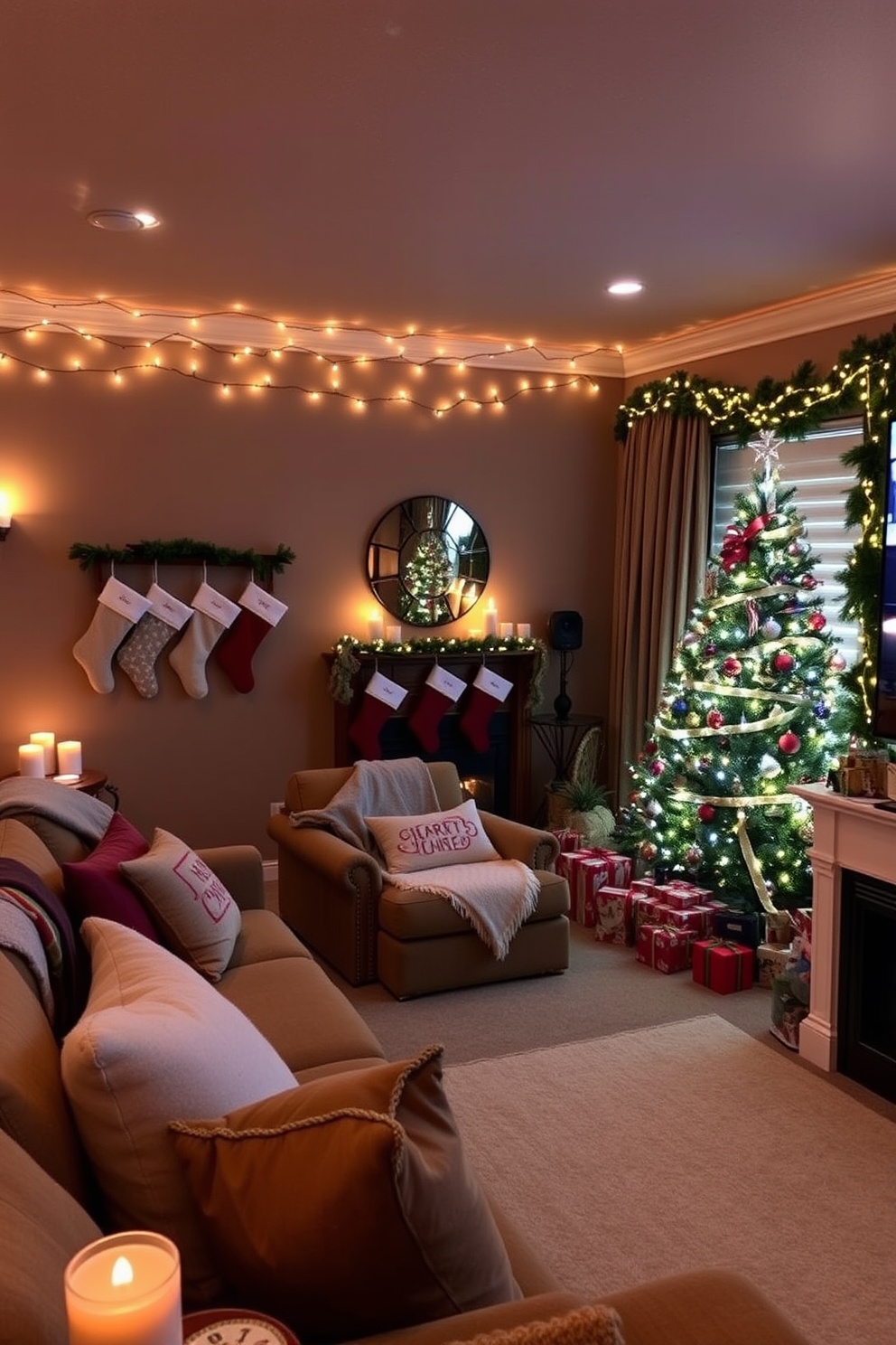 A cozy home theater setting adorned with holiday scented candles creating a warm ambiance. The room features plush seating with festive throw blankets and pillows, complemented by twinkling fairy lights strung across the ceiling. Christmas decorations include a beautifully adorned tree in the corner, surrounded by wrapped presents. Stockings hang from a stylish mantel, and a festive garland drapes elegantly along the walls, adding to the holiday spirit.