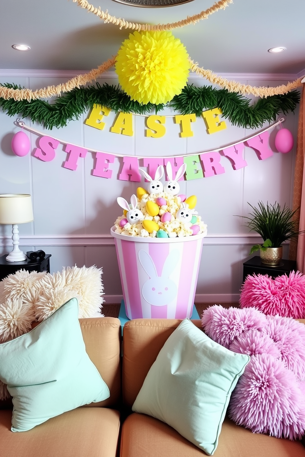 A vibrant home theater setting adorned with Easter-themed decorations. A large popcorn bucket display features pastel colors and playful bunny motifs, creating a festive atmosphere. The walls are decorated with cheerful Easter banners and colorful egg garlands. Comfy seating is arranged for an inviting movie night, with plush cushions in spring colors enhancing the cozy vibe.