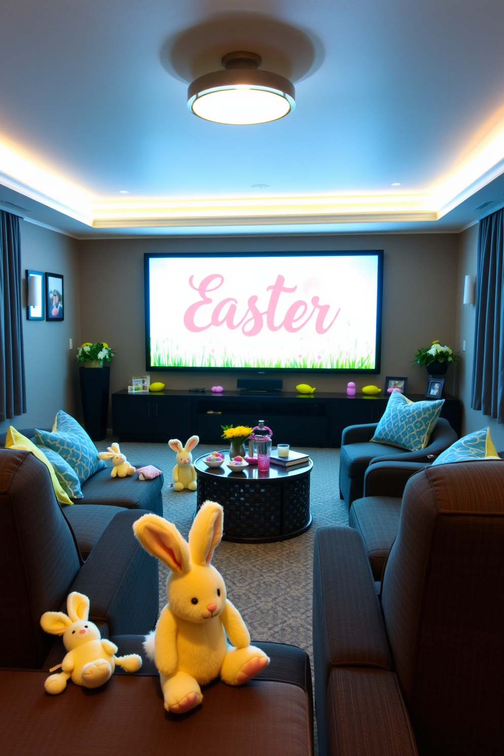 Easter movie night invitation design featuring pastel colors and playful typography. Include imagery of Easter eggs and bunnies to create a festive atmosphere. Home theater Easter decorating ideas showcasing cozy seating arrangements with colorful throw pillows. Add decorative elements like Easter-themed wall art and themed snacks on a stylish coffee table.