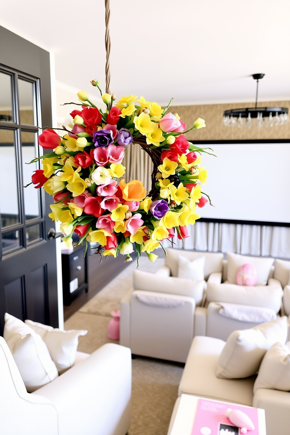 A vibrant spring floral wreath adorns the front door, crafted from an assortment of colorful blooms including tulips and daffodils. The wreath has a natural grapevine base, adding an organic touch to the entrance. The home theater is designed with plush seating arranged for optimal viewing, featuring a large screen framed by elegant drapery. Easter decorations include themed throw pillows and subtle pastel accents throughout the space, creating a festive yet cozy atmosphere.