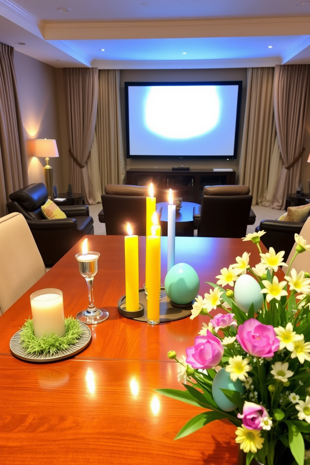 Brightly colored candles are arranged artfully on a polished wooden table, casting a warm glow across the room. The table is surrounded by plush seating, creating an inviting atmosphere for relaxation and conversation. The home theater features a large screen framed by elegant drapes, with comfortable recliners positioned for optimal viewing. Soft ambient lighting enhances the cozy feel, making it the perfect space for movie nights. Easter decorating ideas include a beautifully set dining table adorned with pastel-colored eggs and fresh spring flowers. The cheerful decor brings a festive spirit, inviting family and friends to gather and celebrate the holiday.