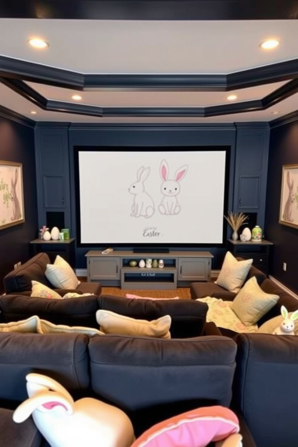 A cozy home theater adorned with seasonal artwork featuring bunnies. The walls are painted in a deep navy blue, and plush seating is arranged in a semi-circle facing a large screen. Easter decorations are tastefully placed around the room, including pastel-colored pillows and bunny-themed throw blankets. Soft ambient lighting creates a warm atmosphere, perfect for family movie nights during the holiday season.