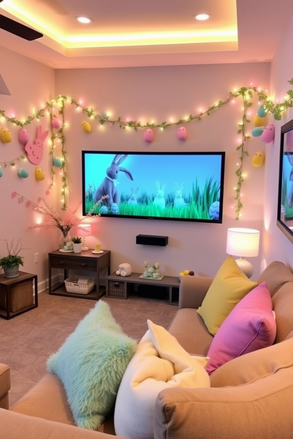 A cozy home theater setting designed for an Easter egg hunt. The room features plush seating arranged in a semi-circle facing a large screen, with colorful Easter decorations adorning the walls. Soft pastel colors dominate the decor, with bunny-themed cushions placed on the seats. A festive table is set up in the corner, displaying an array of decorated eggs and spring flowers for a cheerful ambiance.