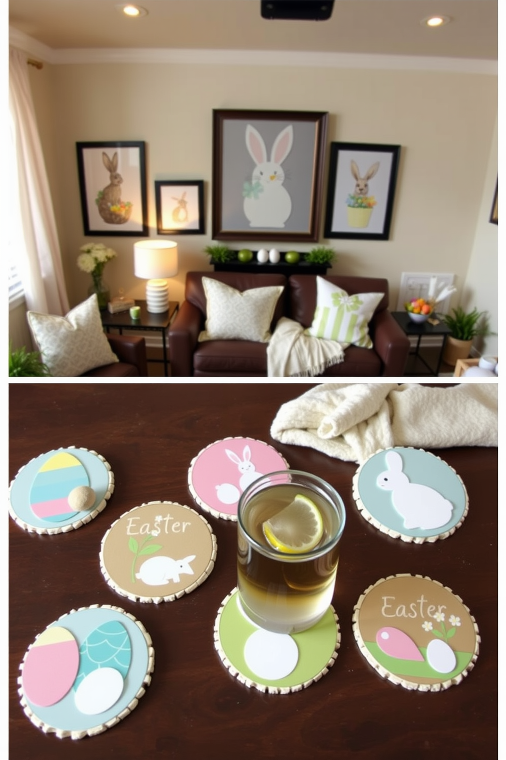 A set of DIY Easter-themed coasters for drinks featuring pastel colors and playful designs. Each coaster showcases a different Easter motif such as eggs, bunnies, and spring flowers. A cozy home theater decorated for Easter with themed cushions and blankets. The space is enhanced with soft lighting and Easter-inspired wall art to create a festive atmosphere.