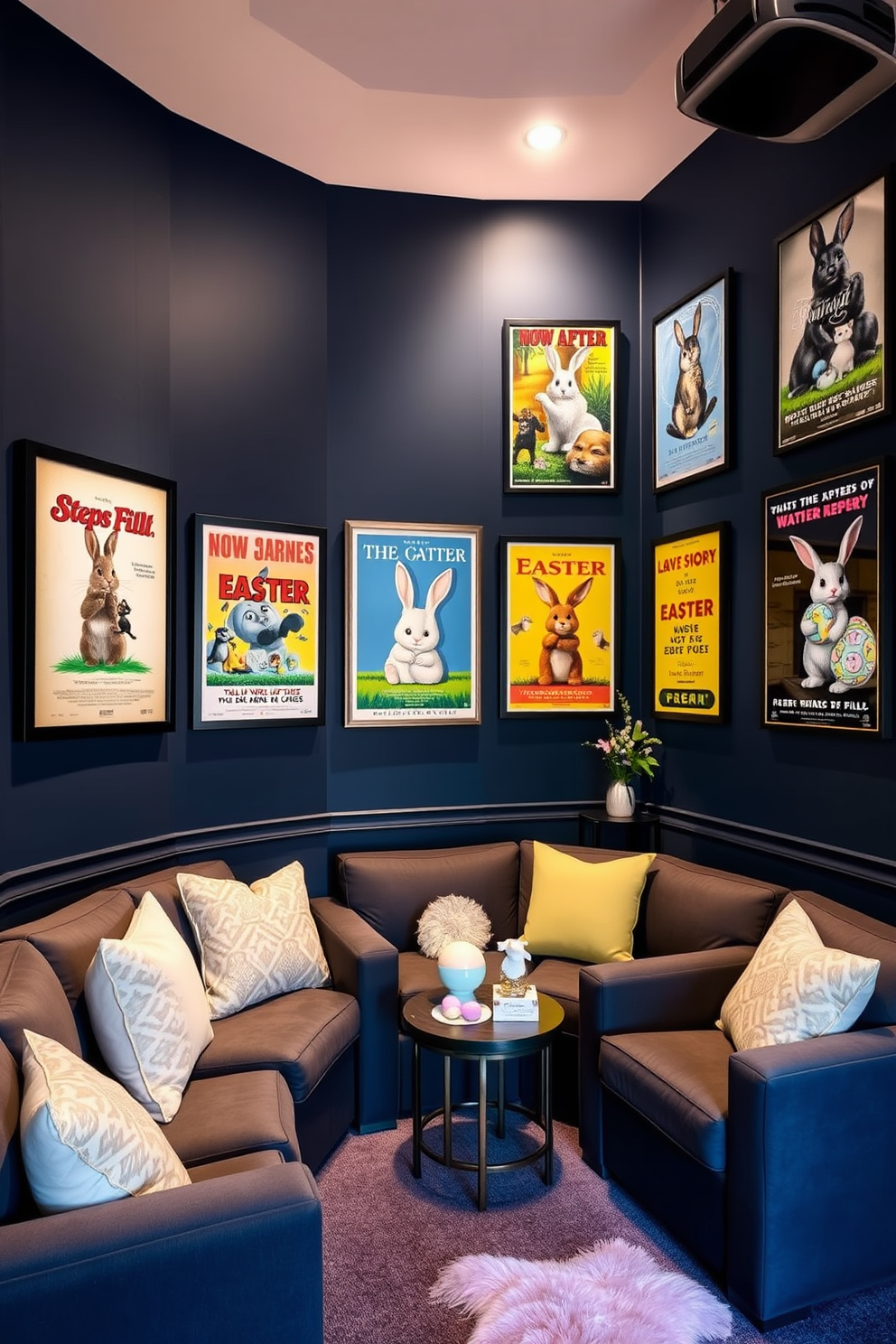 A cozy home theater adorned with vintage movie posters featuring Easter themes. The walls are painted a deep navy blue, creating a dramatic backdrop for the colorful posters that celebrate classic films with an Easter twist. Plush seating is arranged in a semi-circle, inviting guests to relax and enjoy the cinematic experience. Soft lighting illuminates the space, enhancing the festive atmosphere with pastel-colored accents and Easter-themed decor scattered throughout the room.