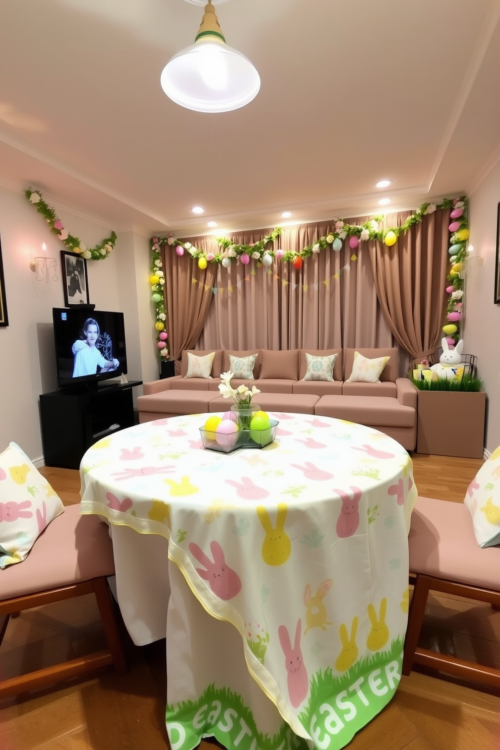 A charming Easter-themed tablecloth drapes over a cozy snack area. The fabric features pastel colors with playful bunny and egg motifs, creating a festive atmosphere. The home theater is adorned with Easter decorations, including colorful garlands and themed cushions. Soft lighting enhances the inviting ambiance, making it perfect for family gatherings during the holiday.