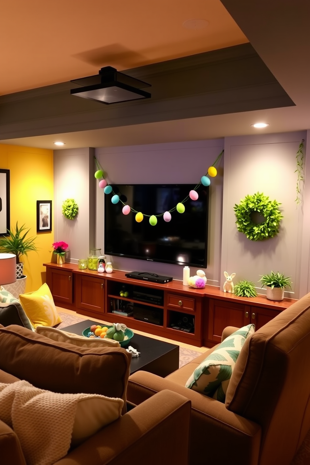 A vibrant home theater decorated for Easter features a colorful egg garland draped across the screen. The room is filled with cozy seating and festive accents that create a cheerful atmosphere for movie watching and celebrating the holiday.