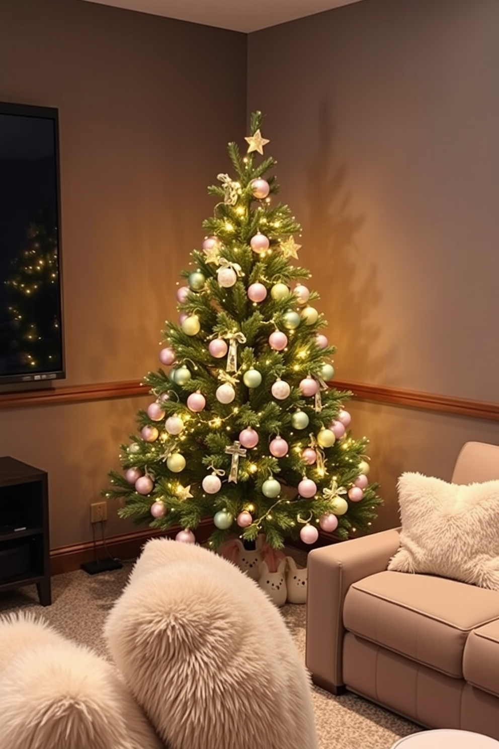 A beautifully decorated Easter tree stands in the corner of a cozy home theater. The tree is adorned with pastel-colored ornaments and twinkling fairy lights, creating a festive atmosphere. Surrounding the tree, plush seating offers comfort for movie nights. Soft, warm lighting enhances the charm of the space, making it perfect for family gatherings during the Easter season.