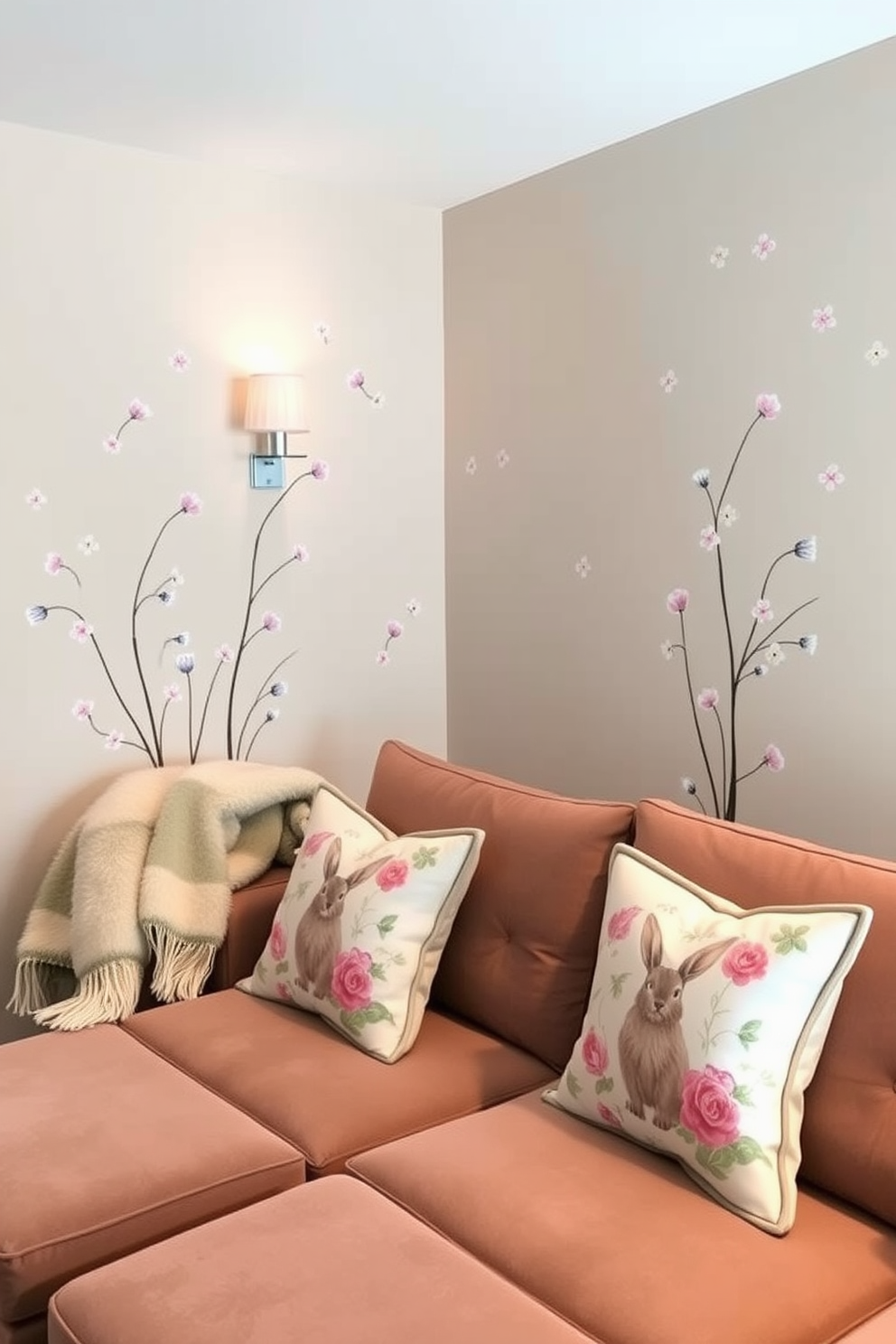 Spring inspired wall decals for ambiance. Delicate floral patterns in pastel colors adorn the walls, creating a fresh and vibrant atmosphere. Home theater Easter decorating ideas. Plush seating is complemented by themed cushions and a decorative throw, while soft lighting enhances the cozy and festive environment.