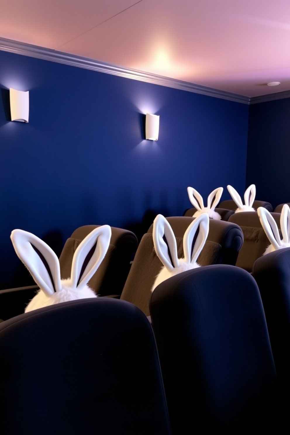 A cozy home theater setting featuring plush theater chairs adorned with whimsical bunny ears for an Easter theme. The walls are painted a deep navy blue, and soft lighting creates an inviting atmosphere perfect for movie nights.