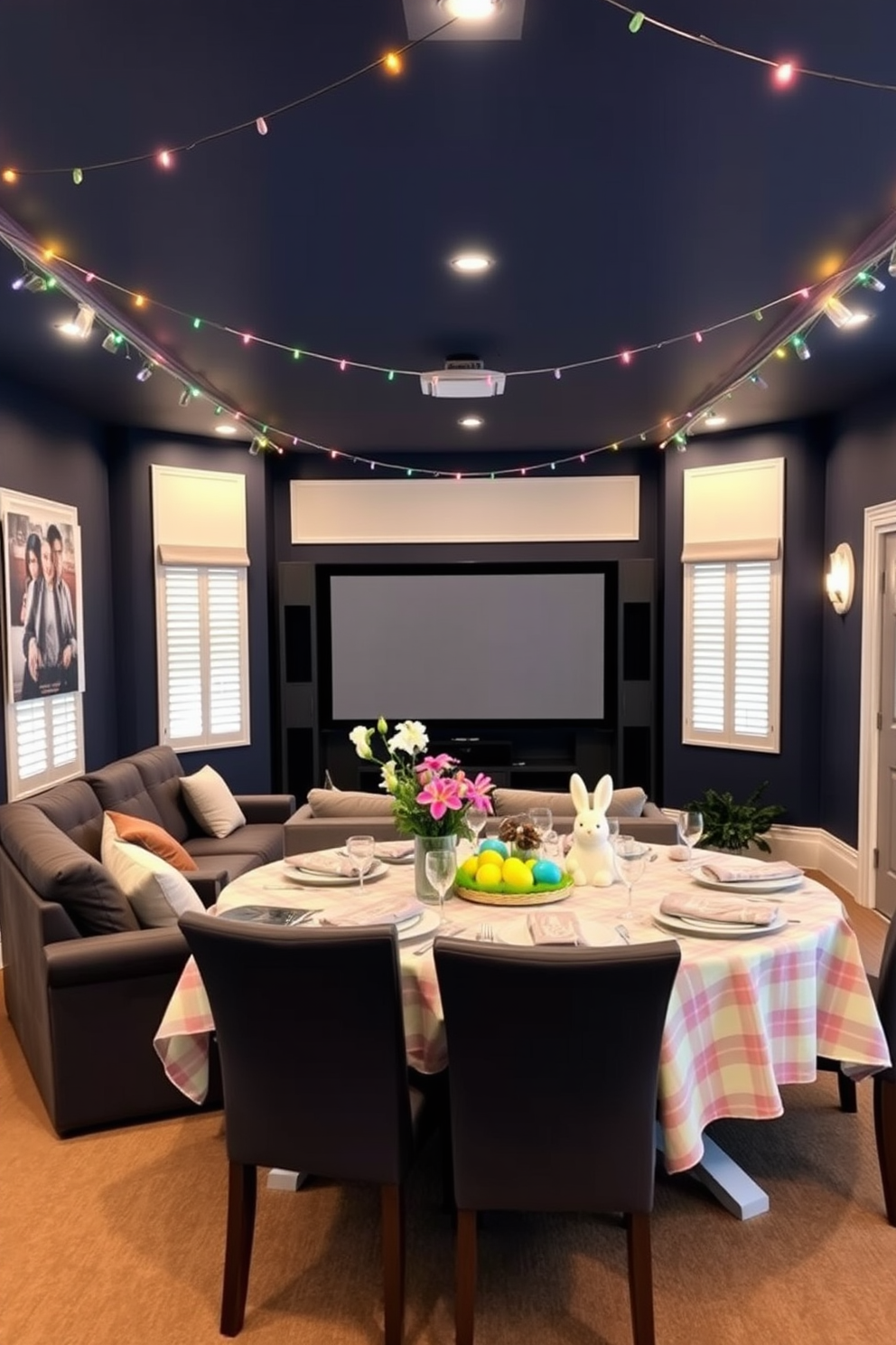 A cozy home theater setup with plush seating arranged in a semi-circle facing a large screen. The walls are painted in deep navy blue, and colorful string lights are draped along the ceiling for a festive glow. For Easter decorating ideas, a welcoming dining table is adorned with a pastel-colored tablecloth and an array of decorative eggs. Fresh flowers in a vase add a touch of spring, while bunny-themed centerpieces bring a playful charm to the setting.