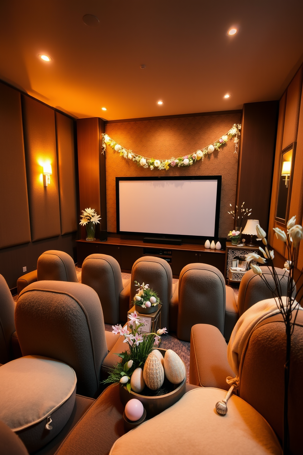 A cozy home theater setting featuring plush seating with egg-shaped cushions for extra comfort. The walls are adorned with acoustic panels, and a large screen dominates the front, creating an inviting atmosphere for movie nights. Easter decorations bring a festive touch to the room with pastel-colored accents and themed decor. A charming display of decorative eggs and spring flowers enhances the overall ambiance, making it a delightful space for gatherings.