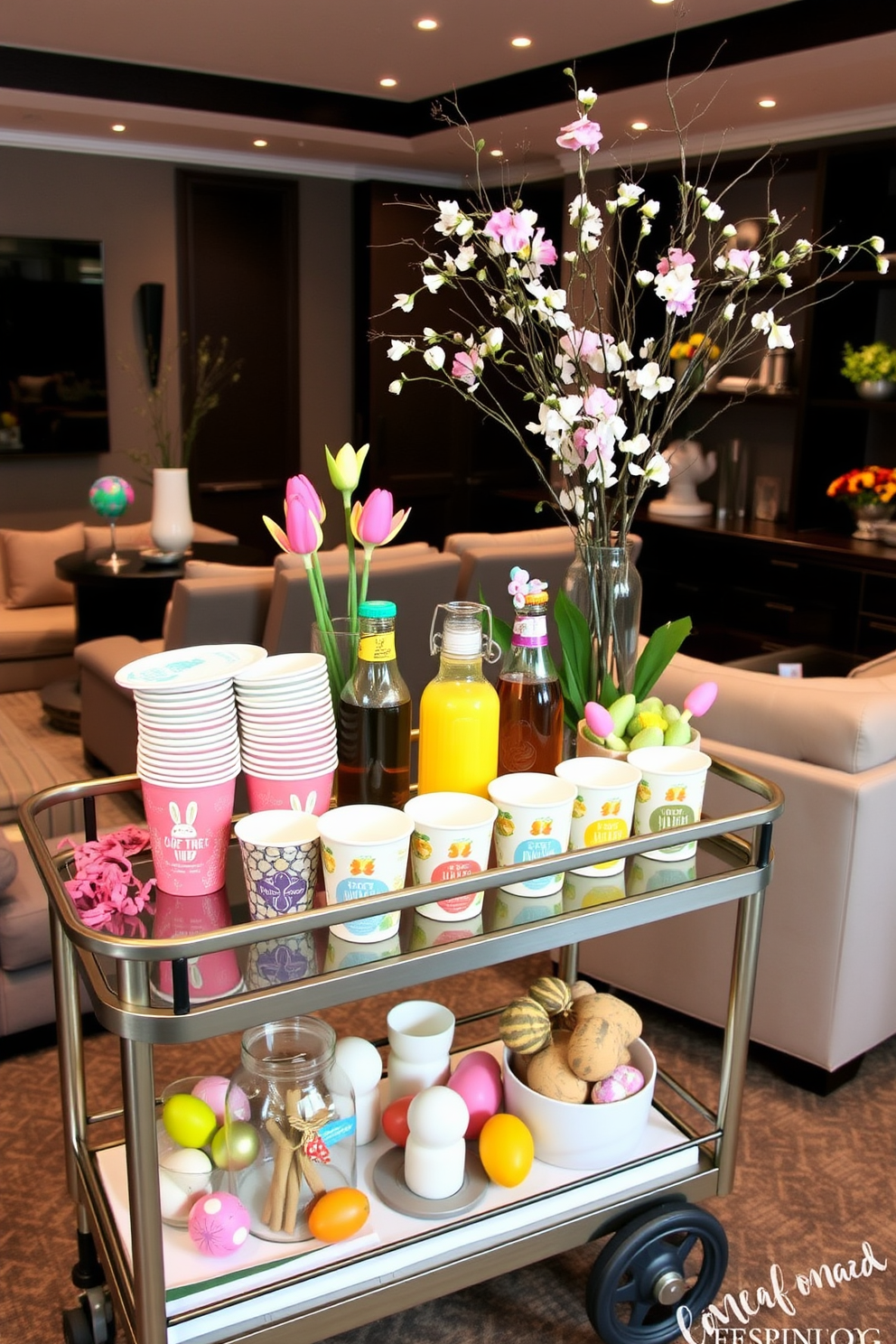 A festive drink station featuring a variety of themed cups arranged on a sleek bar cart. The cart is adorned with colorful decorations and a selection of seasonal beverages for guests to enjoy. A cozy home theater designed for ultimate entertainment. Plush seating is arranged in a semi-circle facing a large screen, with ambient lighting creating a welcoming atmosphere. Easter decorating ideas that bring a cheerful vibe to any space. Brightly colored eggs and spring flowers are artfully displayed on tables and shelves, creating a festive ambiance.