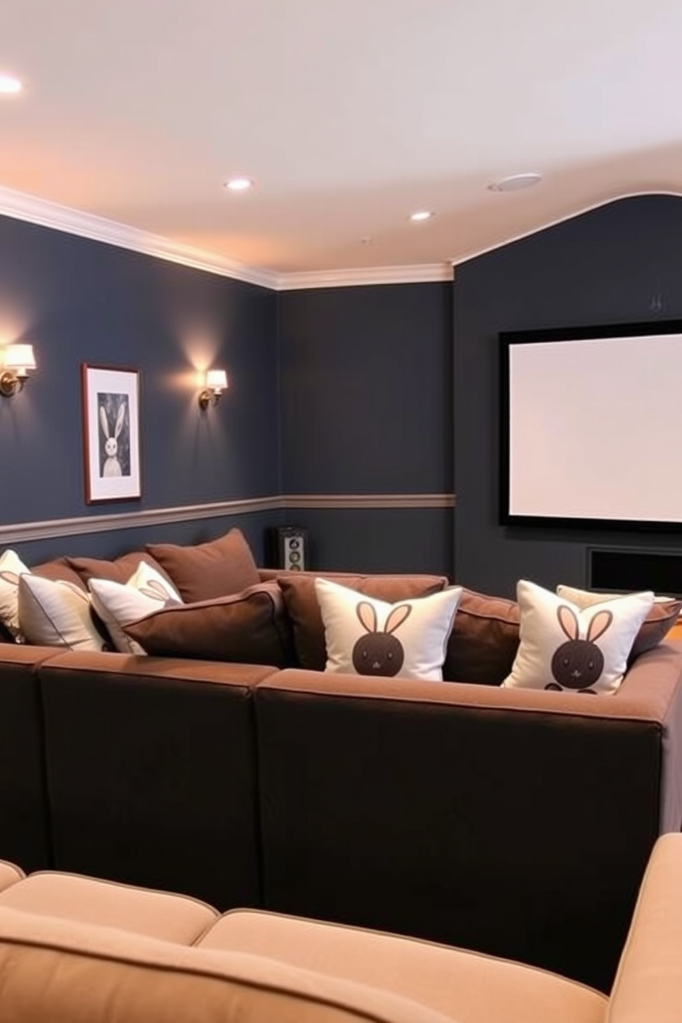 Create a cozy home theater setting featuring a plush sectional sofa adorned with seasonal throw pillows that have charming bunny prints. The walls are painted in a deep navy blue, and the room is softly illuminated by warm, ambient lighting from sconces and a large screen at the front.