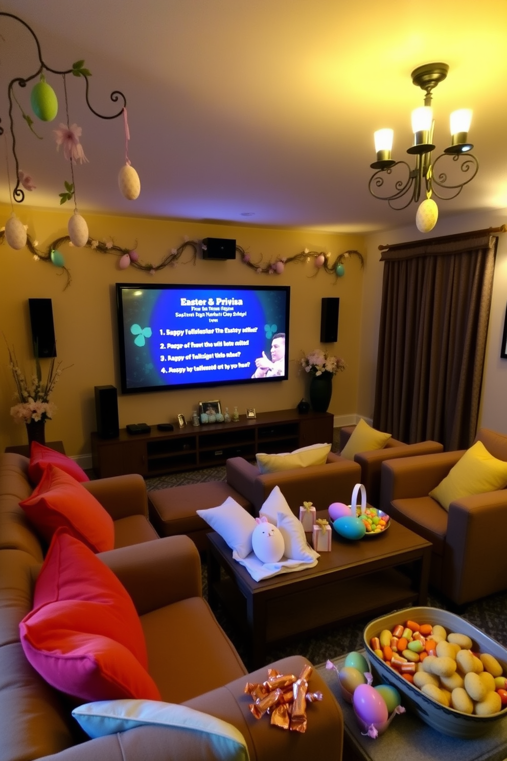 A cozy home theater setting for an Easter-themed trivia night. There are plush seating arrangements with colorful throw pillows, and a large screen displaying Easter-themed trivia questions. The room is adorned with pastel decorations, including hanging Easter eggs and floral arrangements. Soft lighting creates a warm ambiance, while a snack table features an assortment of Easter candies and themed snacks.