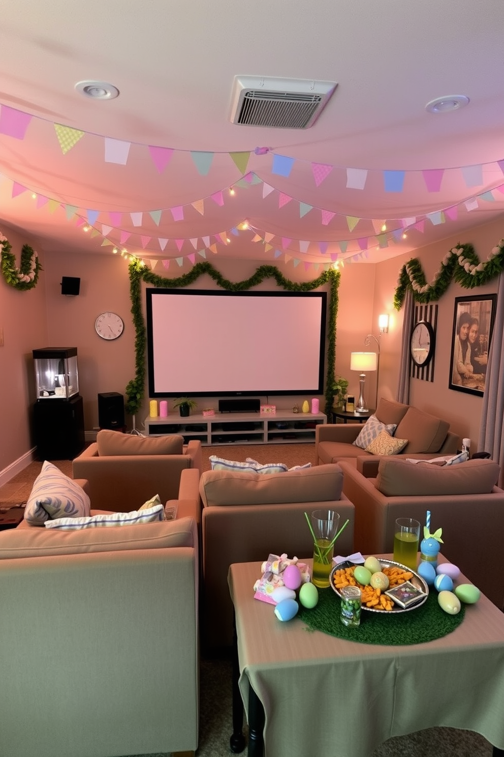 A cozy home theater setting designed for an Easter themed film screening event. The walls are adorned with pastel decorations featuring bunnies and eggs, while a large screen is framed by floral garlands. Comfortable seating is arranged in a semi-circle, with plush cushions in soft spring colors. A decorative popcorn machine stands in the corner, and a table is set with Easter-themed snacks and drinks.