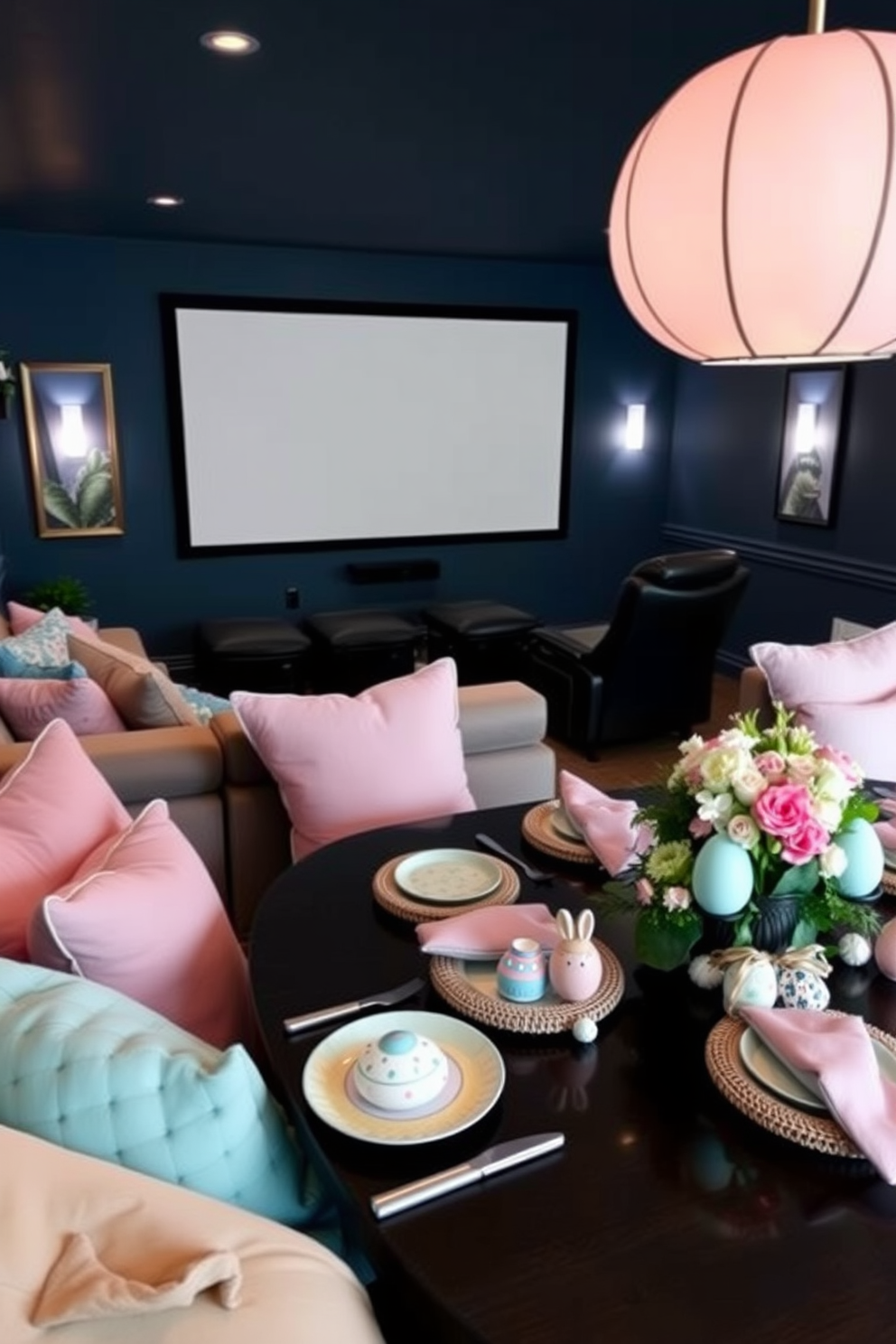 A cozy home theater featuring bunny silhouette wall art decorations creates a festive atmosphere for Easter celebrations. The walls are adorned with playful bunny silhouettes in soft pastels, complementing plush seating and a large screen for movie nights.