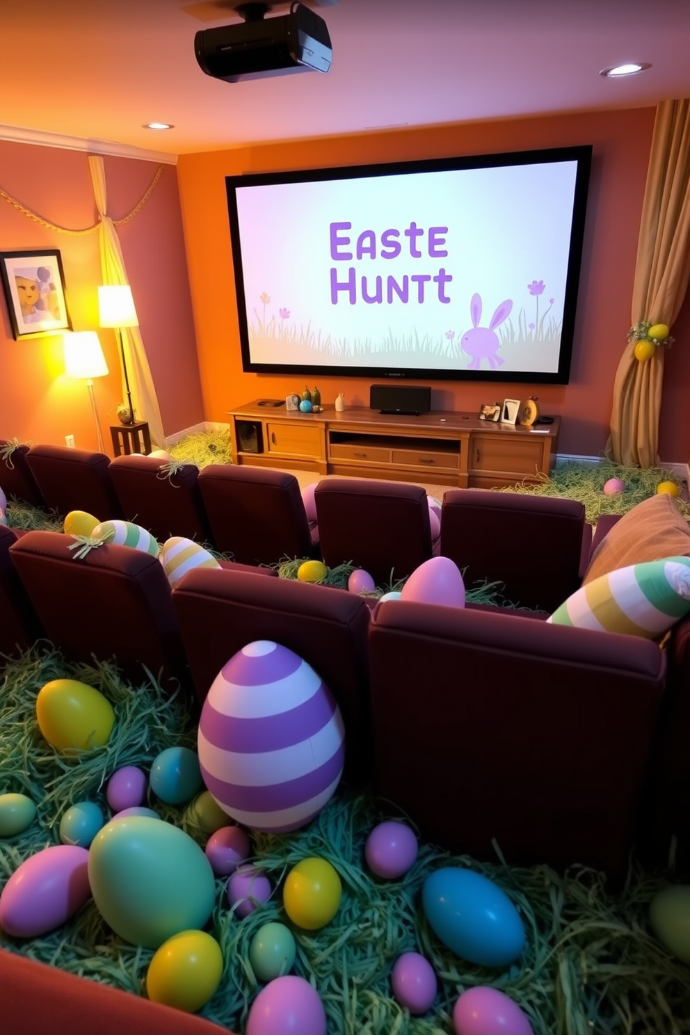 A whimsical home theater setting designed for an Easter egg hunt. The room is adorned with pastel-colored decorations, featuring large, colorful eggs scattered throughout the seating area and on the screen, creating a festive atmosphere.