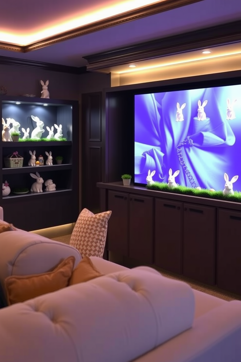 Create a cozy home theater setting adorned with charming bunny figurines displayed on the shelves. The room features plush seating and dimmed lighting, creating a warm atmosphere perfect for Easter-themed movie nights.