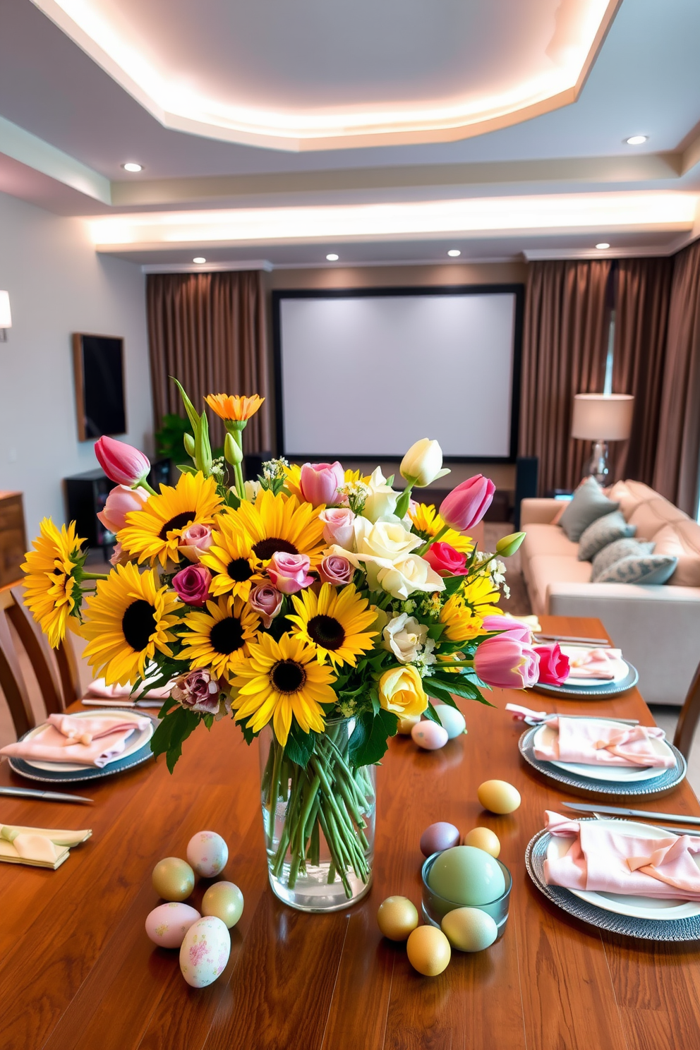 Floral arrangements in vibrant colors. A large bouquet of mixed flowers including sunflowers, roses, and tulips is displayed in a clear glass vase on a wooden dining table. The arrangement bursts with color, featuring shades of yellow, pink, and purple, creating a lively focal point in the room. Home Theater. The home theater features a plush sectional sofa arranged in a semi-circle around a large screen. Soft ambient lighting creates a cozy atmosphere, while soundproof curtains frame the windows, ensuring an immersive viewing experience. Easter Decorating Ideas. A beautifully set dining table showcases pastel-colored plates and napkins, complemented by decorative Easter eggs scattered across the center. Fresh spring flowers in soft hues are arranged in a charming vase, adding a festive touch to the celebration.