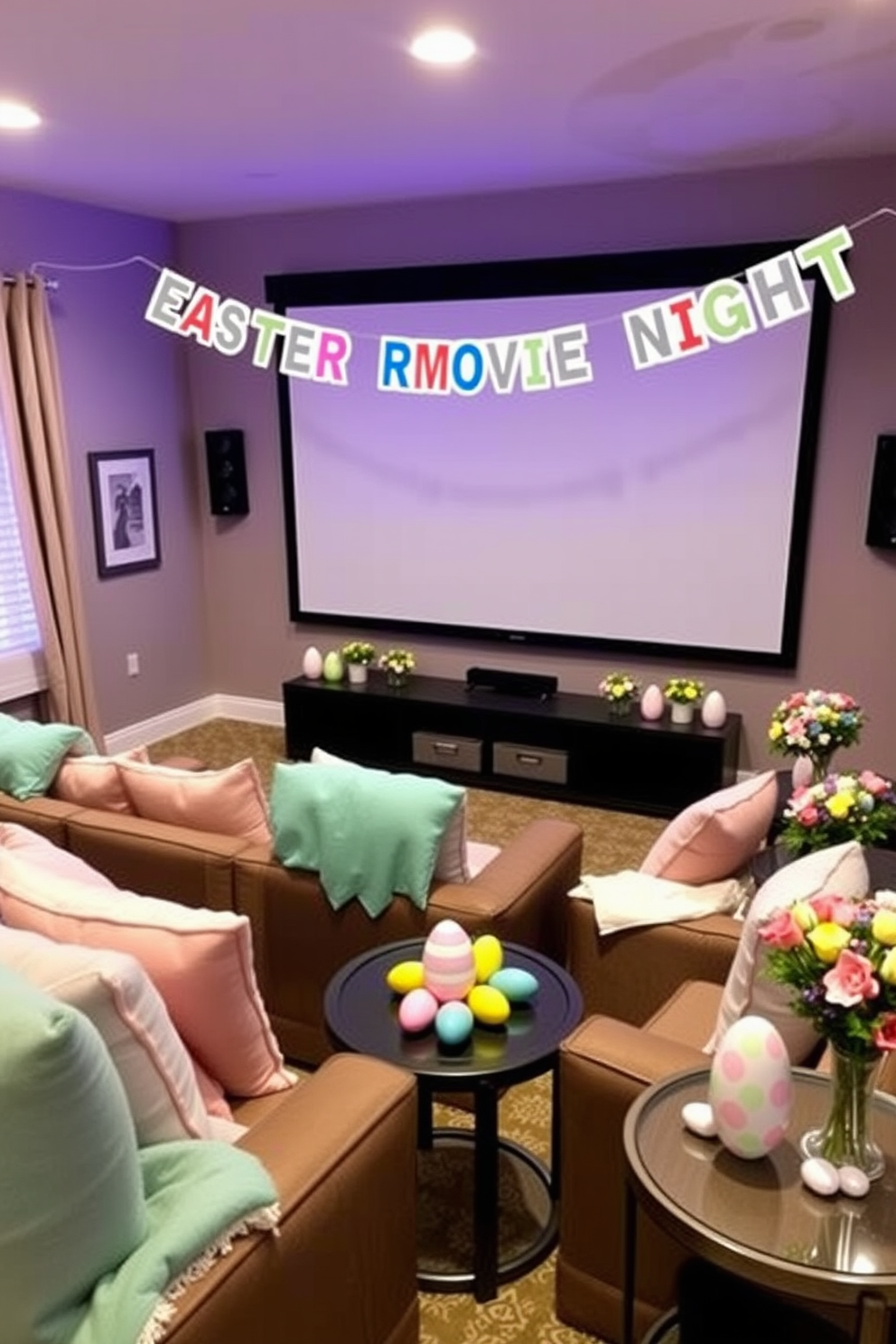 Create a cozy home theater setting for an Easter movie night. The space features a large screen with plush seating arranged in a semi-circle, adorned with pastel-colored throw pillows and blankets. Above the seating area, hang a festive banner that reads Easter Movie Night in cheerful fonts. Surround the space with Easter-themed decorations, including colorful eggs and spring flowers placed strategically on side tables.