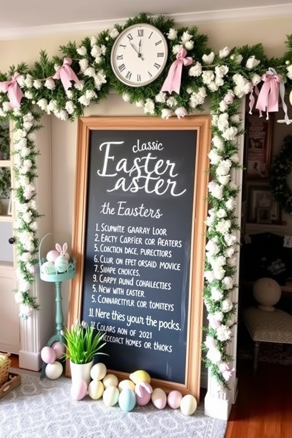 A charming home theater decorated for Easter. A large chalkboard sign displays a list of classic Easter movie titles, surrounded by pastel-colored decorations and festive garlands.