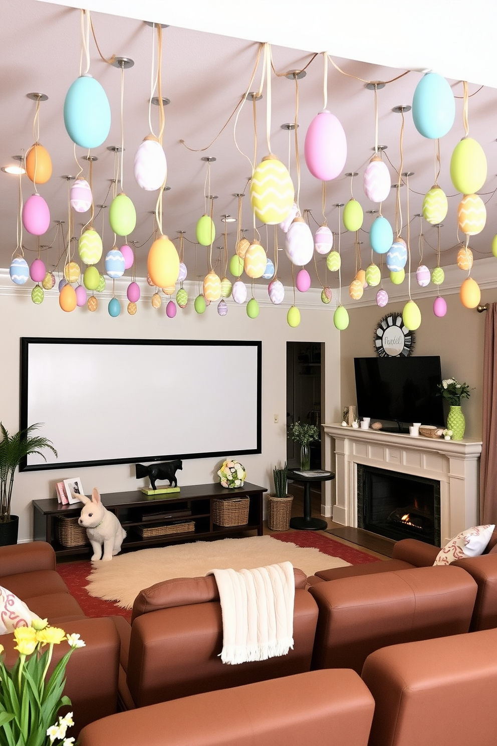 A festive tablecloth adorned with playful bunny prints drapes elegantly over a long dining table. Surrounding the table are mismatched chairs, each decorated with small floral arrangements in pastel colors. The home theater is transformed for Easter with soft, ambient lighting and whimsical decorations. Plush cushions in bright hues are scattered across the seating area, creating a cozy atmosphere for family movie nights.