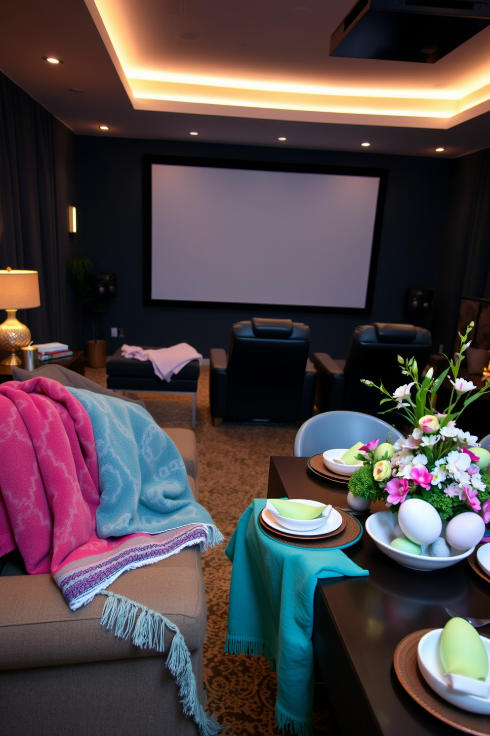 A cozy living room featuring a plush sofa adorned with themed throw blankets in various colors and patterns. The blankets are draped artfully over the armrest and back of the sofa, creating an inviting atmosphere. An immersive home theater setup with a large screen and comfortable reclining chairs. The room is dimly lit with ambient lighting, and the walls are decorated with soundproof panels for an optimal viewing experience. A festive Easter decorating scene showcasing a beautifully set dining table. The table is adorned with pastel-colored tableware, floral centerpieces, and decorative eggs for a cheerful celebration.