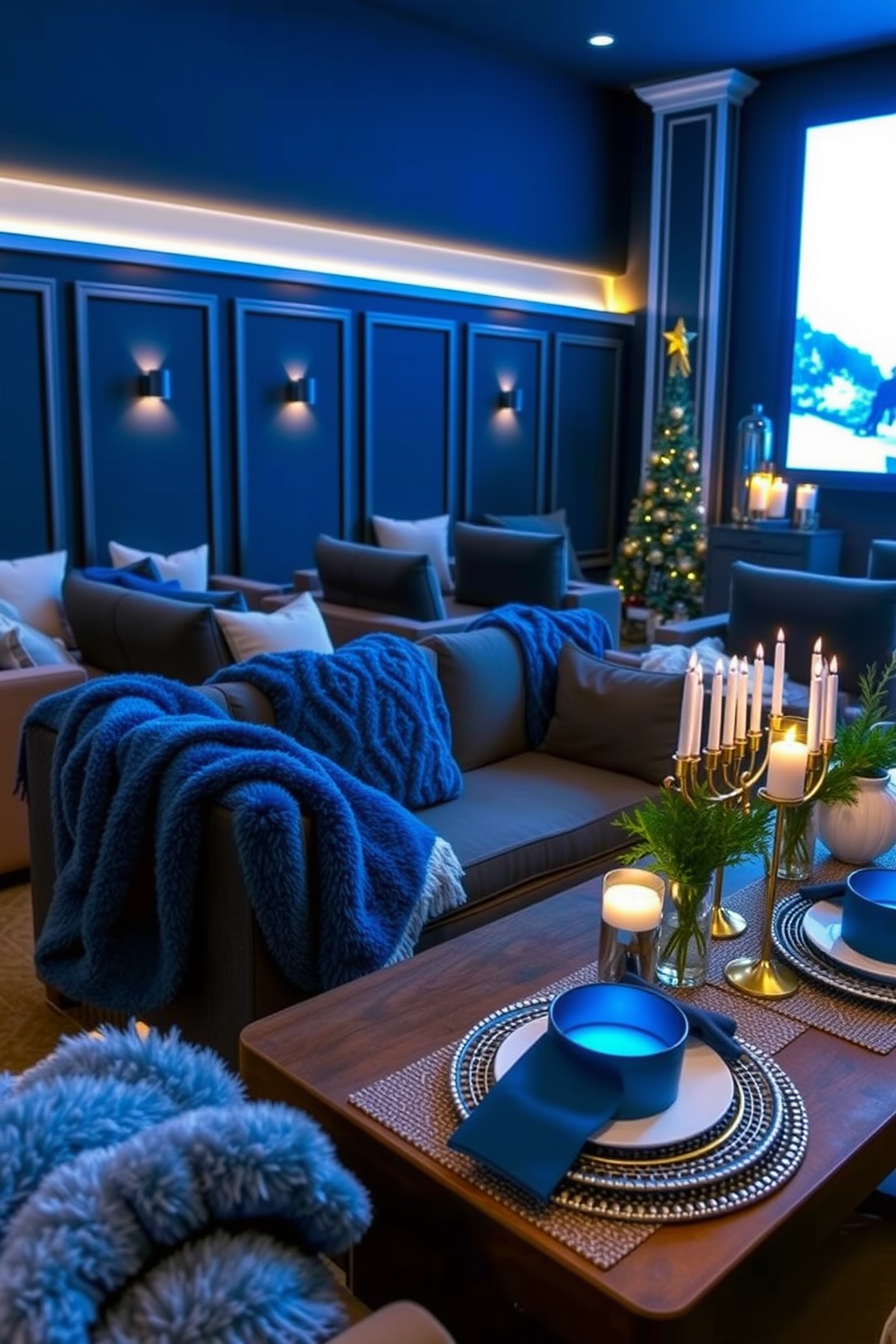 Cozy blankets in blue and white colors. Soft plush throws are draped over a sectional sofa, creating an inviting and comfortable atmosphere. Home Theater with plush seating and ambient lighting. The walls are painted in a deep navy blue, and a large screen is mounted for an immersive viewing experience. Hanukkah Decorating Ideas featuring a beautifully arranged table setting. Menorahs and decorative dreidels are placed alongside festive blue and silver tableware for a warm celebration.