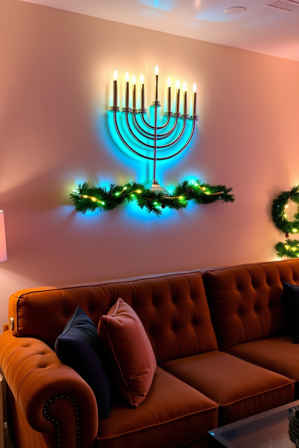 A wall-mounted menorah is elegantly displayed above a plush velvet sofa in a cozy home theater setting. The space is adorned with soft, ambient lighting and festive Hanukkah decorations, creating a warm and inviting atmosphere for family gatherings.